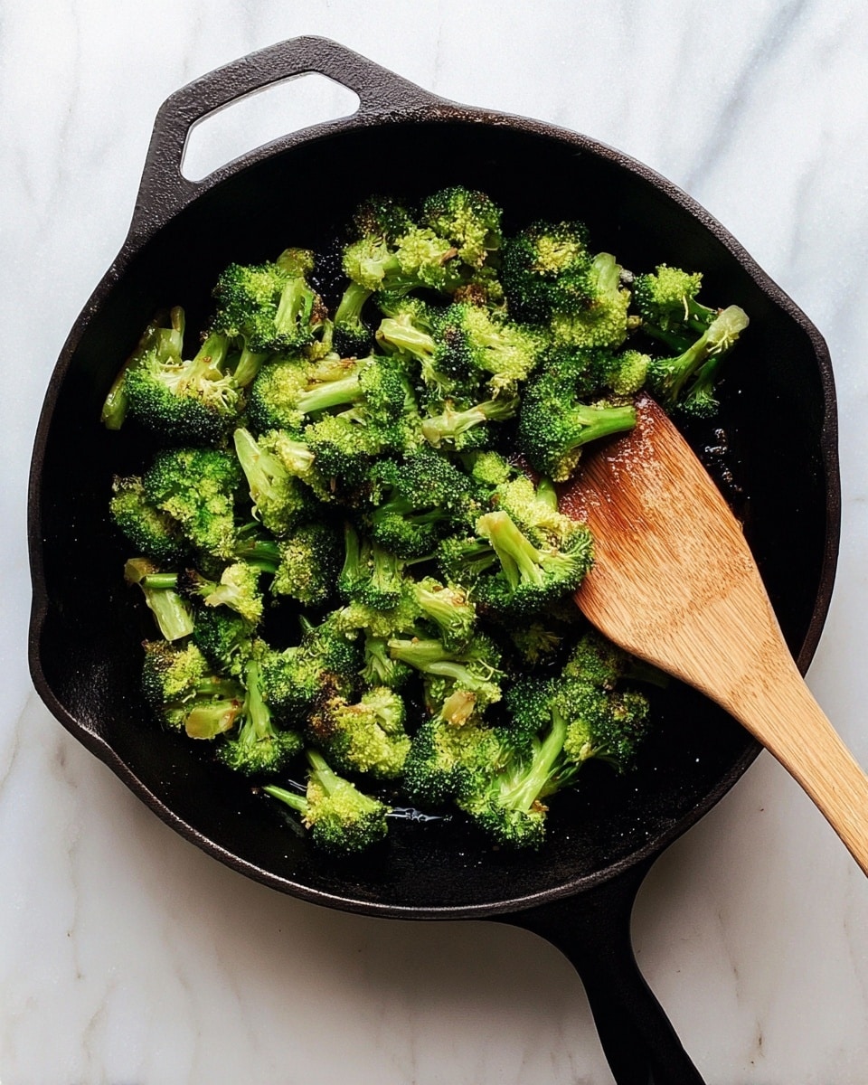 The image shows a top view of a black cast iron pan filled with small pieces of bright green broccoli that have slight browned spots from cooking. A light brown wooden spatula is resting on the right side inside the pan. The pan is placed on a white marbled surface. photo taken with an iphone --ar 4:5 --v 7