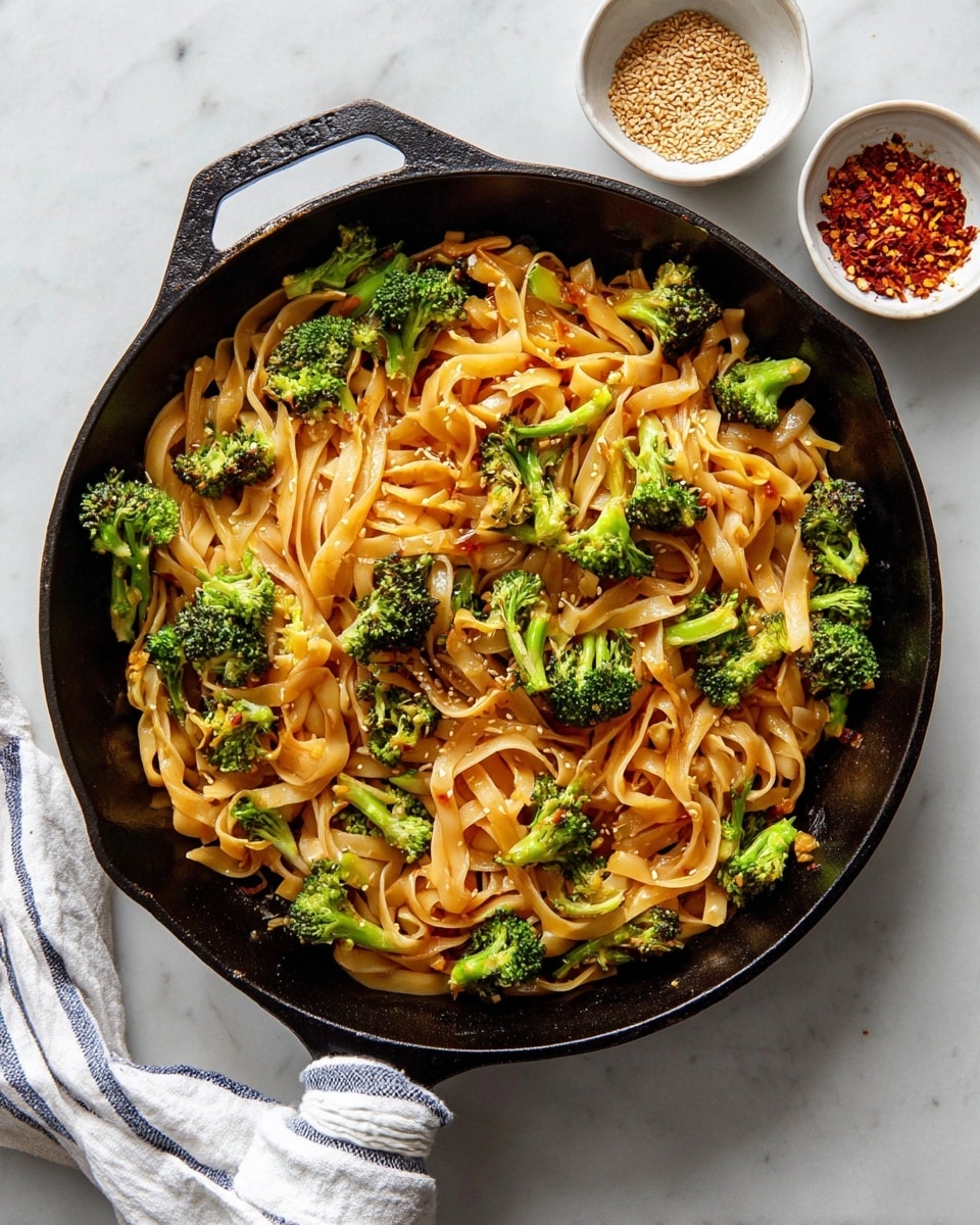 A black cast iron pan filled with light brown flat noodles mixed with bright green broccoli florets, all coated with a glossy sauce, creating a shiny texture. The noodles are twisted and layered closely together with broccoli evenly spread throughout. The pan handle is wrapped with a white and blue striped cloth. On a white marbled surface, near the top right of the pan, there are two small white bowls, one filled with light tan sesame seeds and the other with crushed red pepper flakes. Photo taken with an iphone --ar 4:5 --v 7