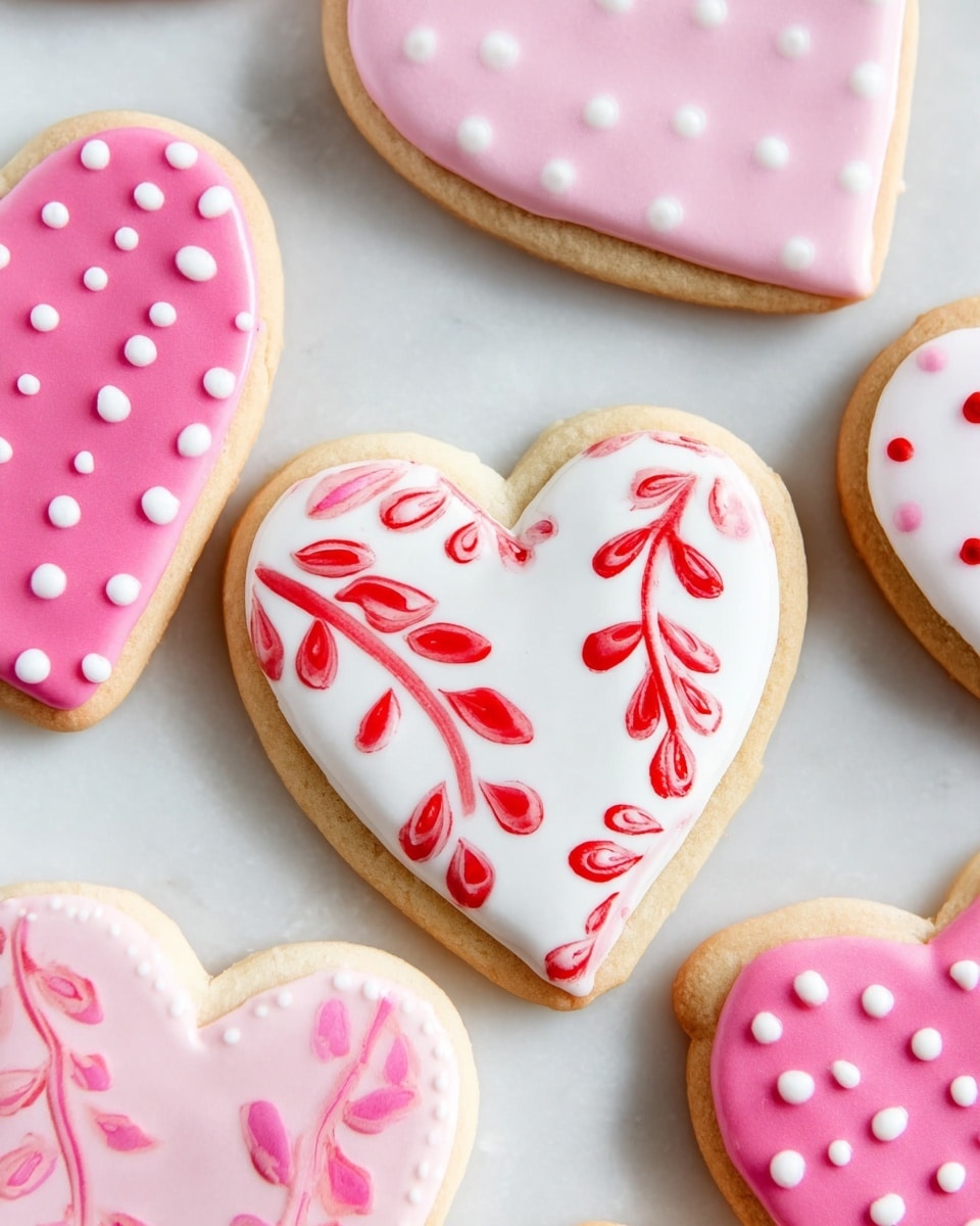 The image shows several heart-shaped cookies on a white marbled surface. Each cookie has a light golden brown base layer, topped with smooth icing in different designs. One cookie has a white icing layer with red and pink heart and branch-like patterns inside it. Another cookie features a pink icing layer with red and white dots scattered evenly. Around these, there are more cookies with pink icing decorated with white floral or leaf patterns. The textures of the icing look smooth and slightly shiny, giving a fresh, neat appearance. Photo taken with an iphone --ar 4:5 --v 7