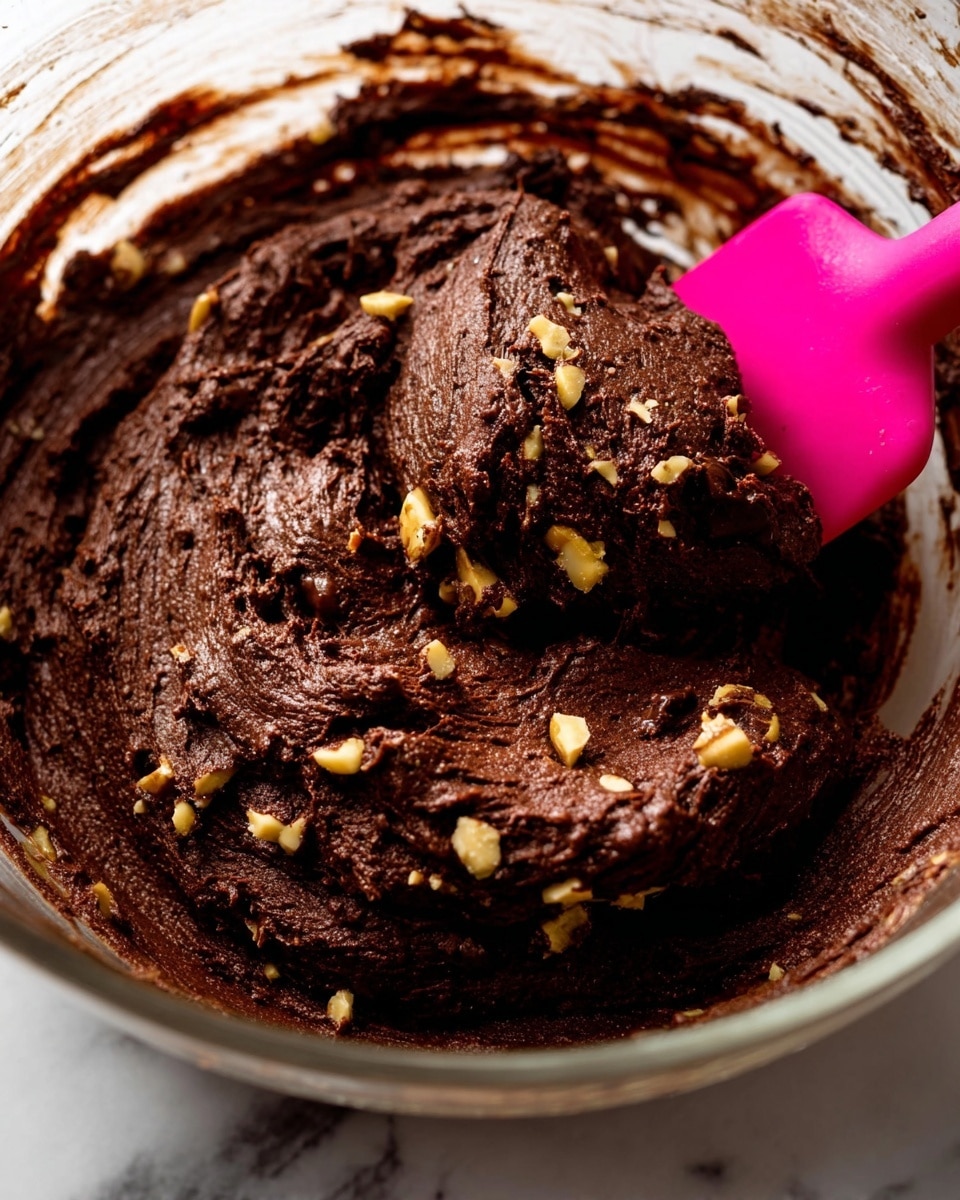 A close-up view of a clear glass bowl filled with thick, dark brown chocolate dough that looks rich and creamy. The dough has small pieces of light tan nuts mixed throughout, giving a bumpy texture. A bright pink spatula is partially buried in the dough on the right side, showing the thick consistency as it holds a scoop of the dough. The bowl sits on a white marbled surface, and there are traces of dough stuck on the inside edge of the bowl. The lighting highlights the shiny, smooth parts of the dough. photo taken with an iphone --ar 4:5 --v 7