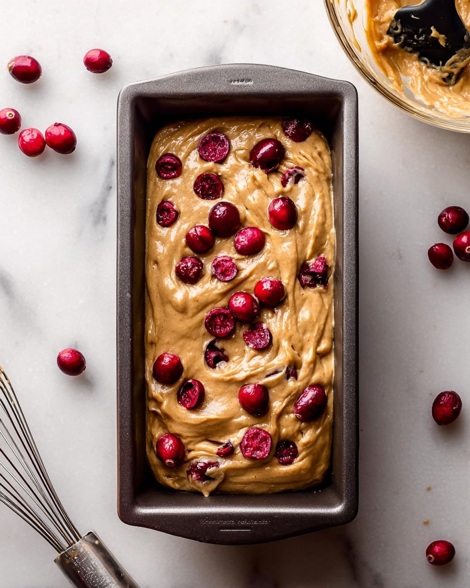 A dark metal rectangular loaf pan filled with thick, light brown batter that has a smooth and creamy texture, dotted with whole and halved bright red cranberries spread throughout and on top. The pan sits on a white marbled surface scattered with a few whole cranberries. To the top right, there is a clear glass bowl with some light brown batter residue and a black spatula inside. At the bottom left, there is a silver whisk with some light brown batter on its wires. Photo taken with an iphone --ar 4:5 --v 7