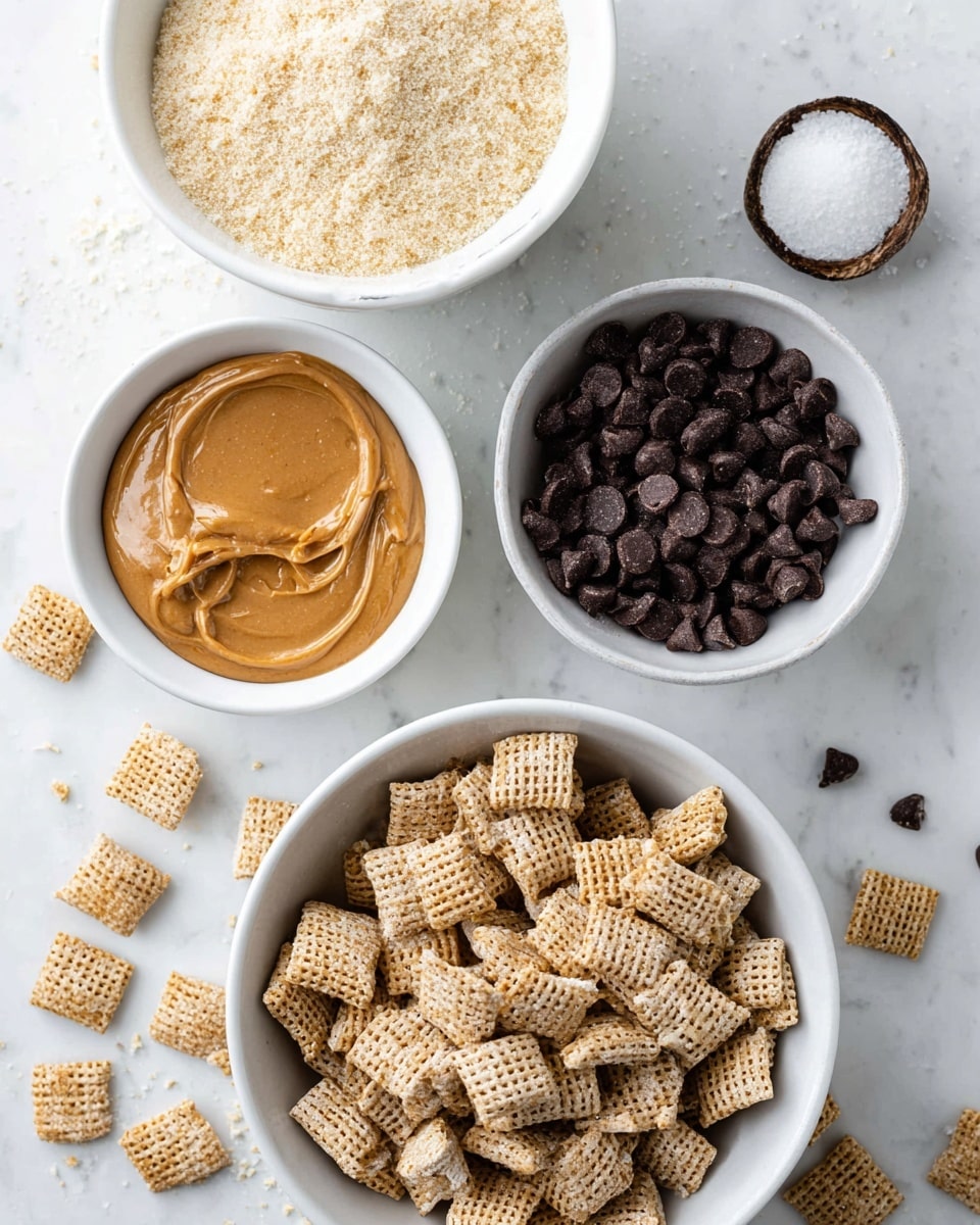 A white bowl with a thin black rim is filled with a single layer of light brown square cereal pieces with a woven texture. On top of the cereal, there is a thick, smooth layer of dark brown melted chocolate, covering part of the cereal in the center. The bowl is placed on a white marbled surface. photo taken with an iphone --ar 4:5 --v 7