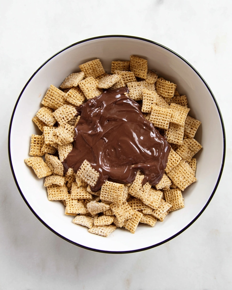 A pile of small square-shaped cereal pieces coated in a light brown powder, mixed with scattered dark brown chocolate chips, sits heaped in a white speckled bowl with a rustic finish. The bowl is placed on a white marbled surface with a few plain light beige cereal squares and dark chocolate chips spread around it. The texture of the cereal pieces looks crunchy with some uneven surface details, and the chocolate chips appear smooth and shiny. photo taken with an iphone --ar 4:5 --v 7