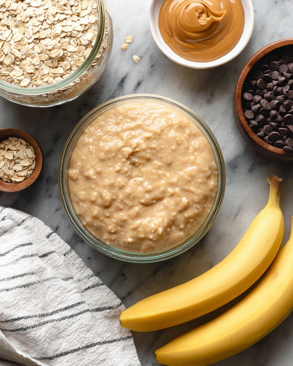 A clear glass bowl filled with a creamy, light beige mixture that looks thick and slightly textured, placed on a dark background. Around the bowl, there is a white striped cloth on the bottom left, two ripe yellow bananas on the bottom right, a small white bowl filled with smooth peanut butter on the top right, a small white bowl with dark brown chocolate chips near the center right, a small wooden bowl with beige powder near the left, and a glass jar filled with light brown rolled oats placed on a white metal tray at the top left. The scene is set on a white marbled surface. photo taken with an iphone --ar 4:5 --v 7