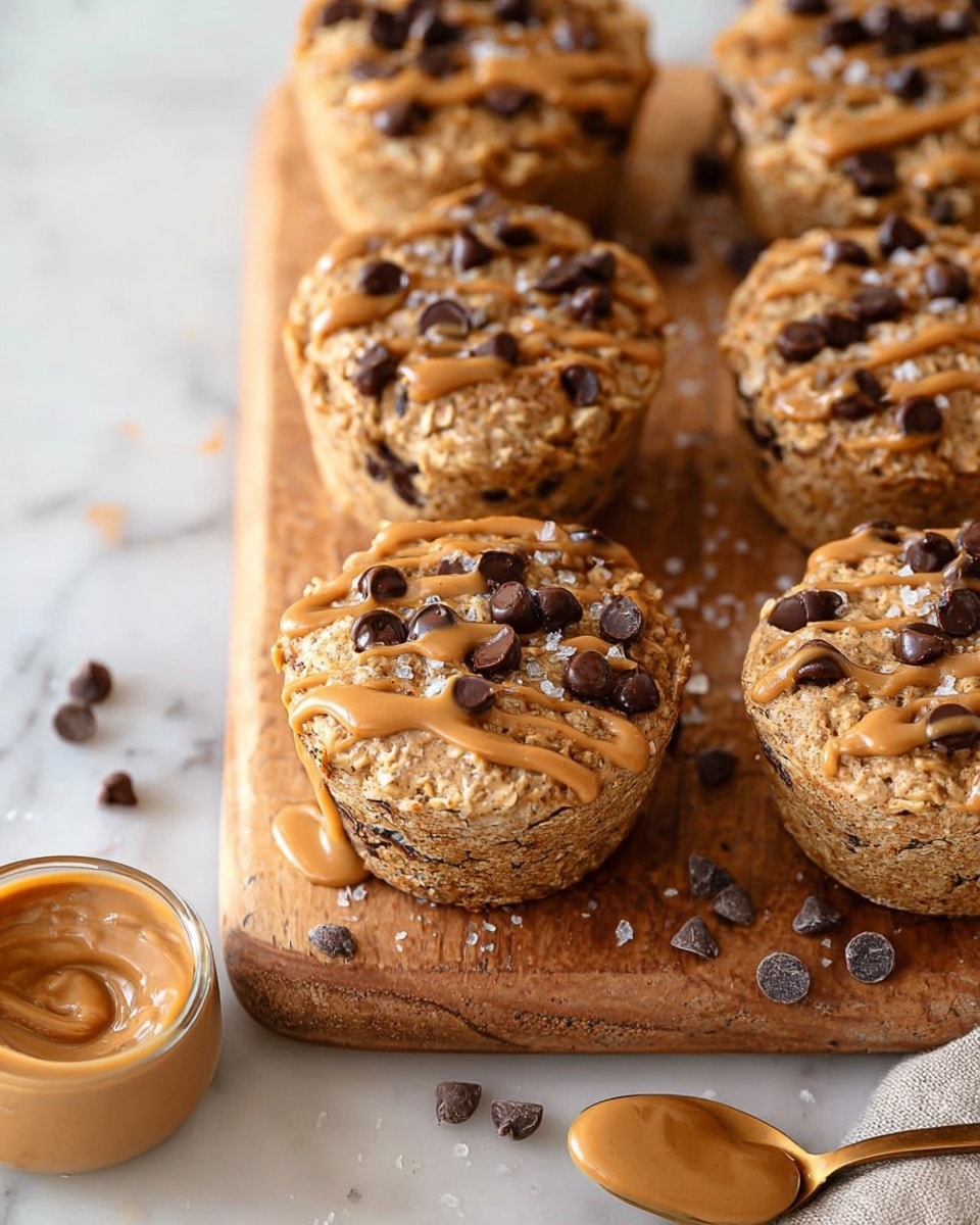 The image shows six round oatmeal cookies topped with scattered dark chocolate chips and a thick drizzle of light brown peanut butter. The cookies have a rough, grainy texture and some sprinkled sea salt on top. They are placed on a wooden board with a few chocolate chips and a spoon with peanut butter visible on a white marbled surface nearby. The warm tones of the cookies contrast with the smooth shine of the peanut butter in a casual, cozy setting. Photo taken with an iphone --ar 4:5 --v 7