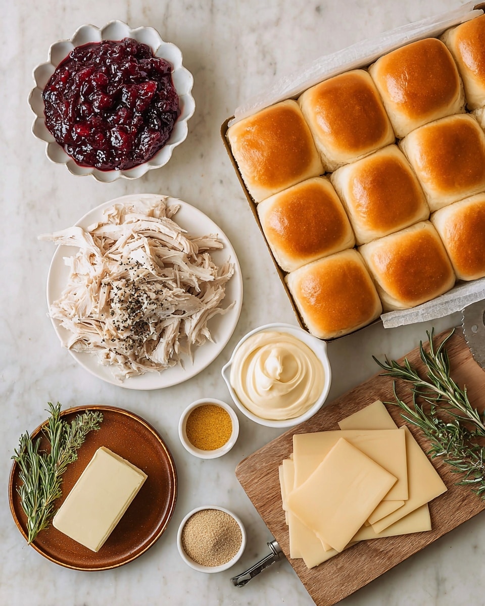 The image shows ingredients for a meal arranged neatly on a white marbled surface. At the top right, there is a white box with twelve soft, golden brown slider buns closely packed. To the left of the buns, a round white plate holds a pile of shredded white meat mixed with black pepper. Above this plate is a scalloped white bowl filled with chunky dark red cranberry sauce. Below the meat, a small round white bowl contains smooth, light beige mayonnaise. To the bottom left, a brown ceramic plate holds a small block of pale yellow butter, a sprig of fresh rosemary, and a small dish of creamy mustard. Next to it, a tiny bowl contains a light brown powder seasoning. On the bottom right, overlapping slices of creamy pale yellow cheese with white rind lie on a wooden board with a cheese slicer. Photo taken with an iphone --ar 4:5 --v 7