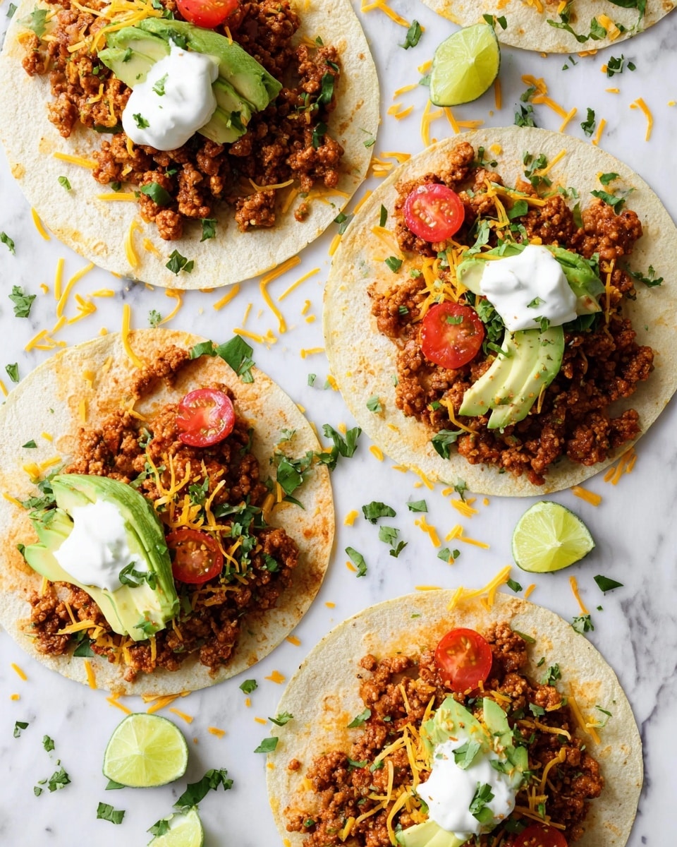 A silver pan filled with cooked ground meat mixed with red sauce and small pieces of green onion on top, a wooden spoon resting inside the pan near the center; around the pan on a white marbled surface, a clear bowl of shredded white cheese at the top left, a white bowl of halved cherry tomatoes below the cheese, a white plate with stacked soft tortillas at the bottom left, a white bowl containing lime wedges to the right, a bottle of hot sauce with its cap nearby at the top right, and some cilantro leaves scattered across the surface, a blue and white striped cloth partially underneath the pan; photo taken with an iphone --ar 4:5 --v 7