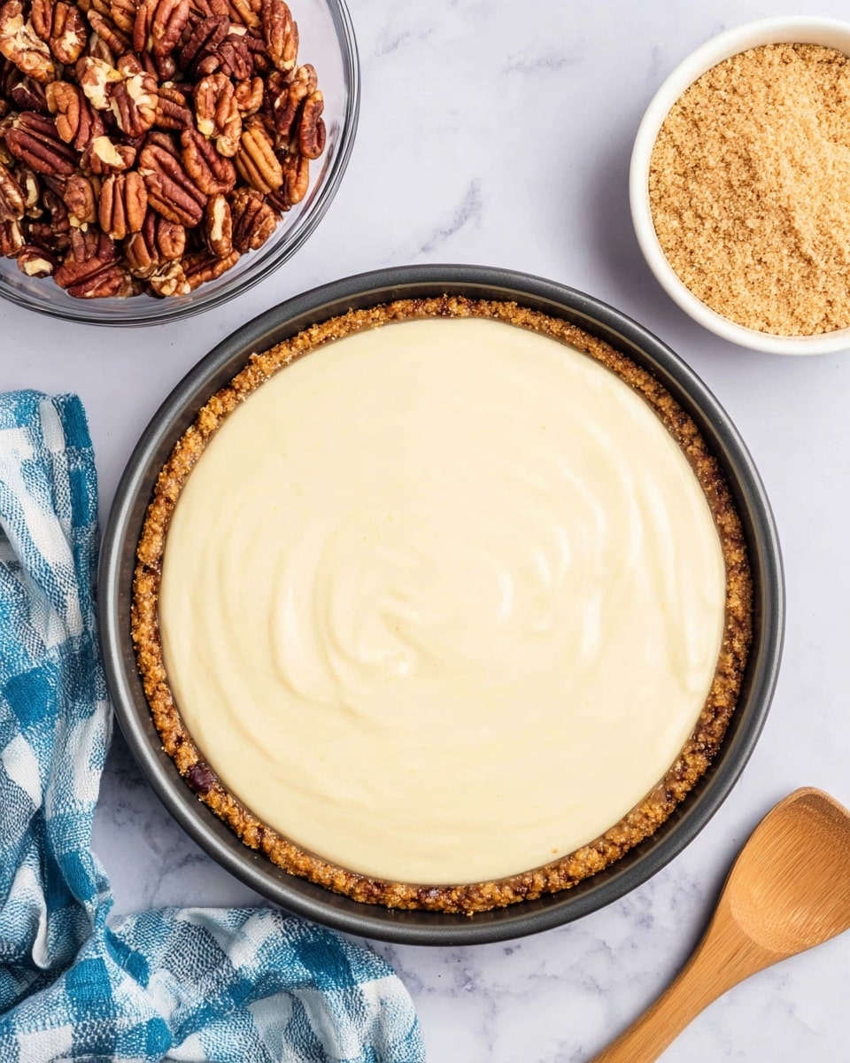 A round pie with two visible layers is shown from above on a white marbled surface. The bottom layer is a thick, golden brown crust with rough texture and small pieces of pecans embedded in it, holding the creamy top layer inside a black springform pan. The creamy top layer is smooth and pale beige, spread evenly with a slight swirl in the center. To the top left of the pie, there is a clear glass bowl filled with whole pecans, which are rich brown with visible ridges. To the top right, a small white bowl holds crumbled brown sugar, light and fluffy in texture. A wooden spatula is placed at the bottom right, and a white and blue striped cloth is partially visible at the bottom left. photo taken with an iphone --ar 4:5 --v 7