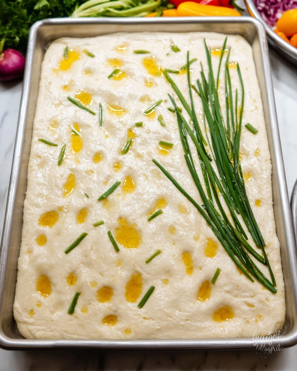 A large rectangular metal tray is filled with an even layer of light beige dough that has a slightly glossy surface with small dimples throughout. On top of the dough, thin bright green chive stems are arranged diagonally near one corner, adding a touch of color. The dough is dotted with small spots of golden liquid, likely olive oil, scattered randomly across the top. The tray sits on a white marbled surface with some blurred colorful vegetables and herbs in the background. Photo taken with an iphone --ar 4:5 --v 7