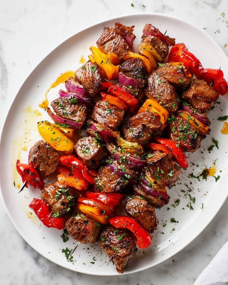 A white plate with five skewers arranged in a fan shape, each skewer made of four main layers repeating: brown grilled meat chunks with a shiny, slightly oily texture, interrupted by pieces of red bell pepper and red onion slices showing purple and white rings, and yellow bell pepper. The food is sprinkled with small green herb leaves scattered across the meat and vegetables. Drops of light oil and black pepper are visible on the plate. The whole scene is set on a white marbled surface. photo taken with an iphone --ar 4:5 --v 7