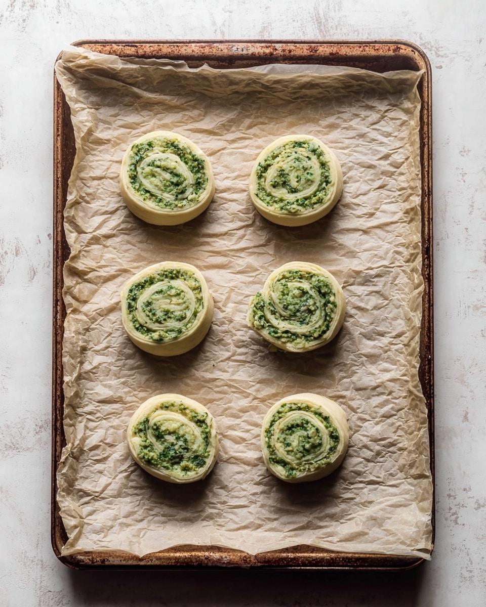 Six small, round pastry pinwheels with a green filling arranged evenly in two rows on a sheet of crumpled parchment paper. The pinwheels show visible layers with swirled green filling inside pale, doughy outer layers. They are placed on a rectangular baking sheet with raised edges, all set on a white marbled surface. The image is bright and clear, showing the texture of both the dough and the green herb filling photo taken with an iphone --ar 4:5 --v 7