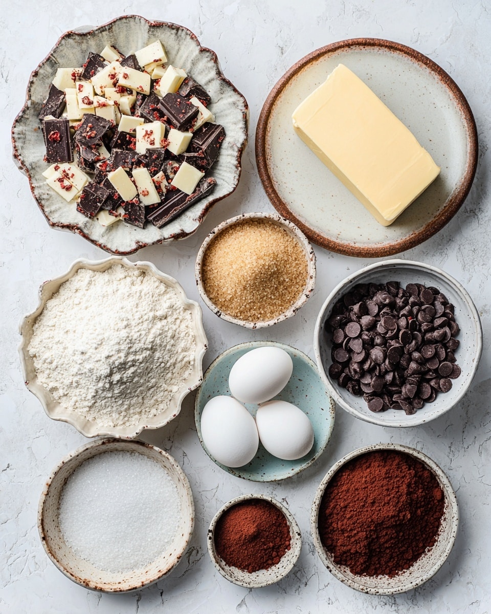 The image shows an overhead view of baking ingredients arranged neatly on a white marbled surface. In the center right, there is a white bowl filled with dark chocolate chips and a block of pale yellow butter resting on top. Above this bowl, a rustic white plate with brown edges holds a layer of white cream topped with a mix of chopped dark and white chocolate pieces with some red bits. To the left and downwards, a bowl with a scalloped edge contains a pile of white flour, while underneath it, another white bowl holds brown sugar. Near the brown sugar, a small brown-edged plate has white granulated sugar. Above the flour, a white egg is positioned beside two small textured bowls, one filled with a liquid vanilla or syrup and the other with a white powdery ingredient. To the right of the vanilla bowl, there is a tiny rustic bowl filled with dark brown powder, and below it, a small bowl contains a rich reddish cocoa powder. The colors range from white, dark brown, cream, and light yellow with natural textures visible in the powders and chocolates. photo taken with an iphone --ar 4:5 --v 7