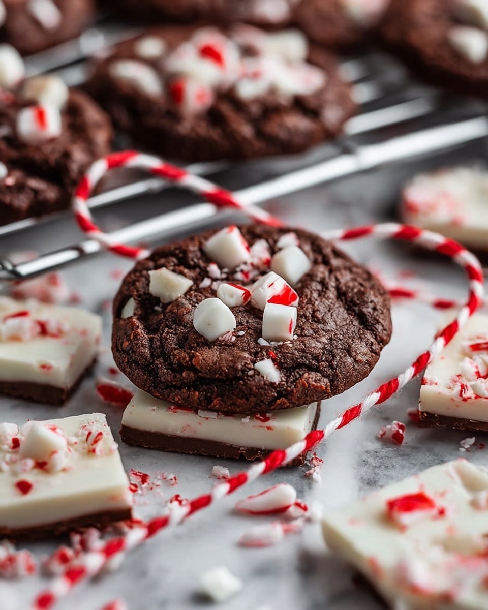 A close-up view of a dark brown chocolate cookie, textured with a rough surface and white and red peppermint chunks inside and on top, resting on a piece of white peppermint bark with red peppermint bits. Surrounding the cookie and bark are more pieces of the white peppermint bark layered with a thin brown chocolate base, scattered on a white marbled surface. A silver cooling rack in the background holds several more chocolate cookies with embedded peppermint pieces. A red and white twisted string is draped across the rack, adding a festive touch. photo taken with an iphone --ar 4:5 --v 7