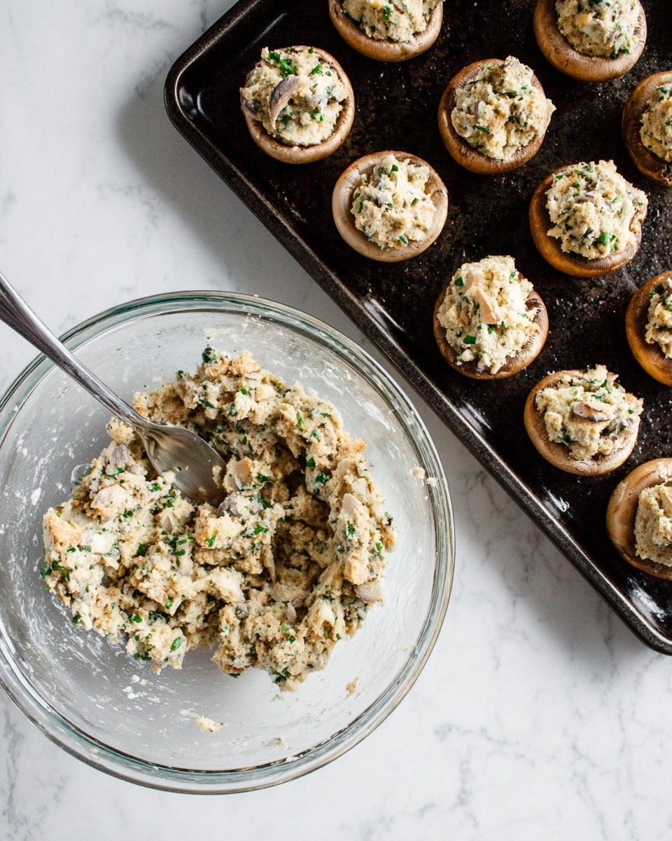 The image shows a clear glass bowl on a white marbled surface filled with a mixed creamy stuffing that has small green herb pieces and light brown bits. A spoon sticks out of the bowl, resting inside the mixture. Next to it, on the top right, is a black baking tray with round mushrooms placed evenly, each filled with a generous scoop of the same stuffing. The mushrooms are a light brown color and the creamy filling contrasts with their darker edges. The whole scene is well lit and looks ready for cooking or serving. Photo taken with an iphone --ar 4:5 --v 7