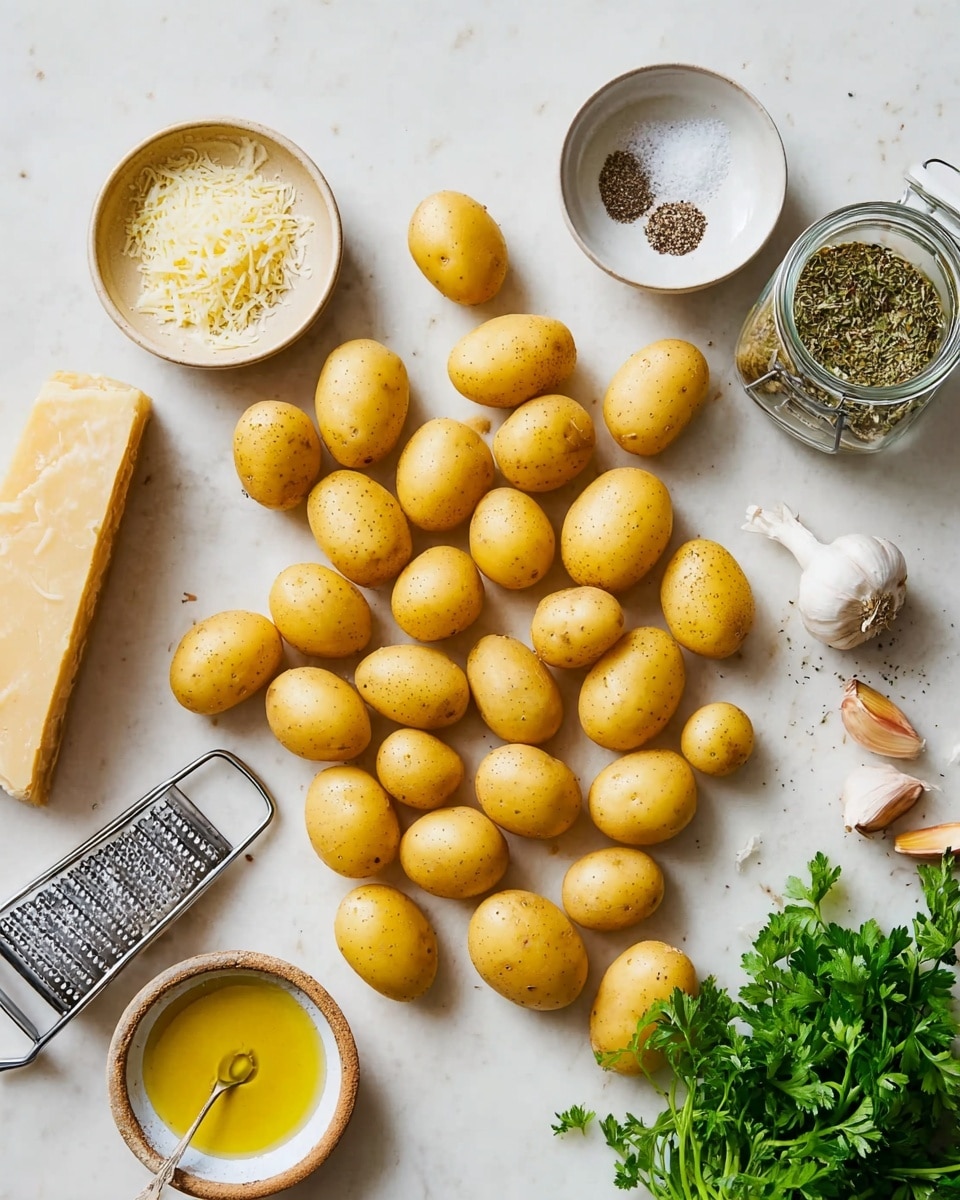 The image shows many small yellow potatoes spread out on a white marbled surface. There is a white bowl with olive oil on the right side near a smaller white bowl holding salt and pepper. At the top right, there is a glass jar of herbs. On the left side, a small beige bowl with grated cheese and a spoon rests near a wedge of hard cheese. Two garlic cloves and a metal garlic press are placed near the bottom left, with some green parsley at the bottom right corner. Photo taken with an iphone --ar 4:5 --v 7