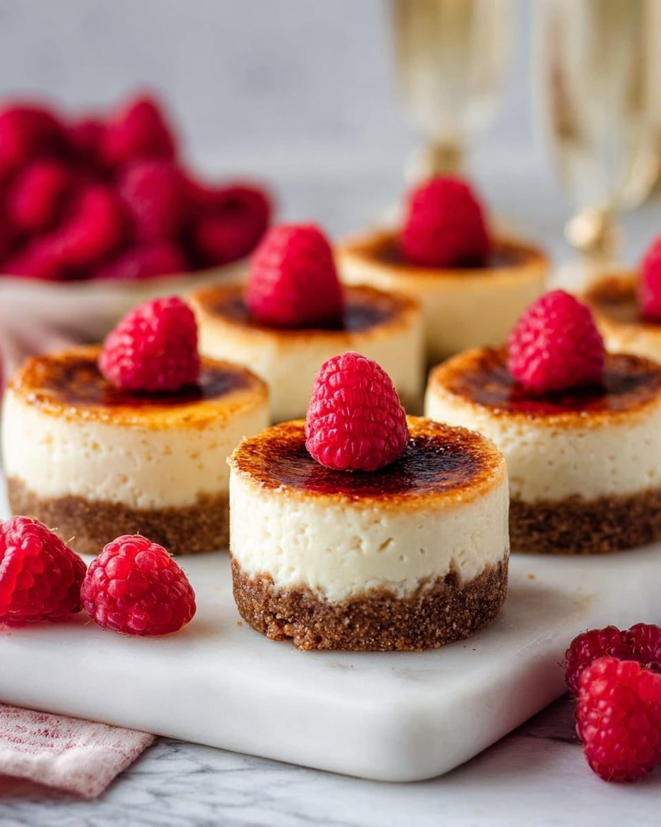 There are six small round cheesecakes placed closely on a white marble board. Each cheesecake has two layers: a thick, crumbly brown base and a thick off-white creamy top with a burnt caramelized surface in the center. Three of the cheesecakes have a bright red raspberry placed on top. Around the marble board, fresh raspberries are scattered on a white marbled surface. The background is blurred, showing more raspberries and some tall glasses. The photo is taken with an iphone --ar 4:5 --v 7