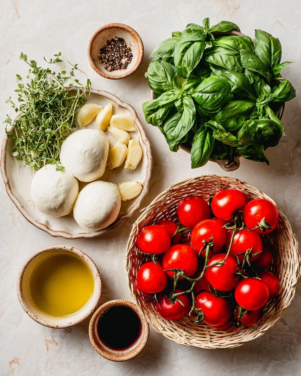 The image shows fresh ingredients laid out on a white marbled surface: a white woven basket filled with bright red cherry tomatoes on the vine sits on the right side; below it, a small white bowl holds several large green basil leaves with a smooth texture; above the basil, a round beige plate supports two smooth, white mozzarella balls; to the upper center, a white scalloped dish contains light yellow garlic cloves and small sprigs of fresh green herbs; to the top left, a small rustic bowl contains coarse black pepper; and to the top right, two small beige cups hold dark balsamic vinegar and golden olive oil, respectively. Photo taken with an iphone --ar 4:5 --v 7