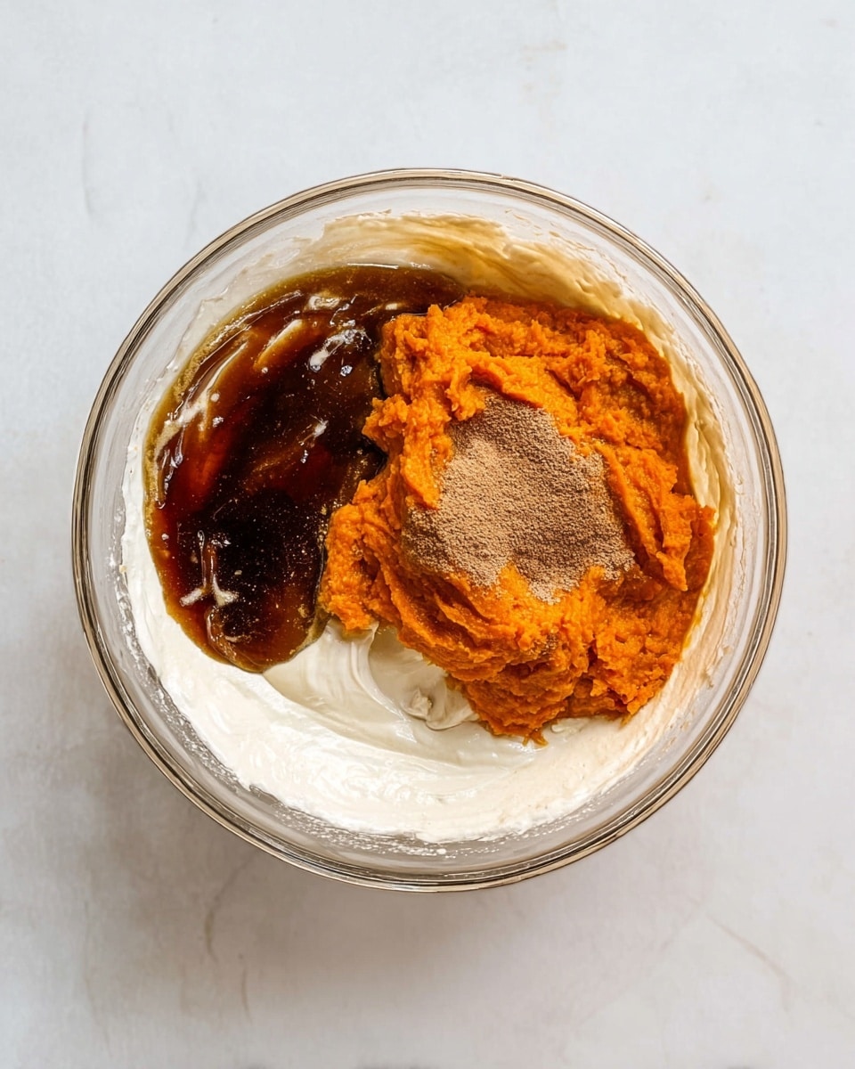 In a clear glass bowl on a white marbled surface, there are four separate layers of ingredients ready to be mixed. The bottom layer is a smooth off-white base that spreads around the sides of the bowl. On top of this, to the right, lies a bright orange mash with a soft and slightly chunky texture. To the left of the orange layer, there is a dark, thick syrup-like liquid. Above these and slightly overlapping, a layer of light brown powder is spread unevenly. The mixture is set in a round, clear bowl, viewed from above. Photo taken with an iphone --ar 4:5 --v 7