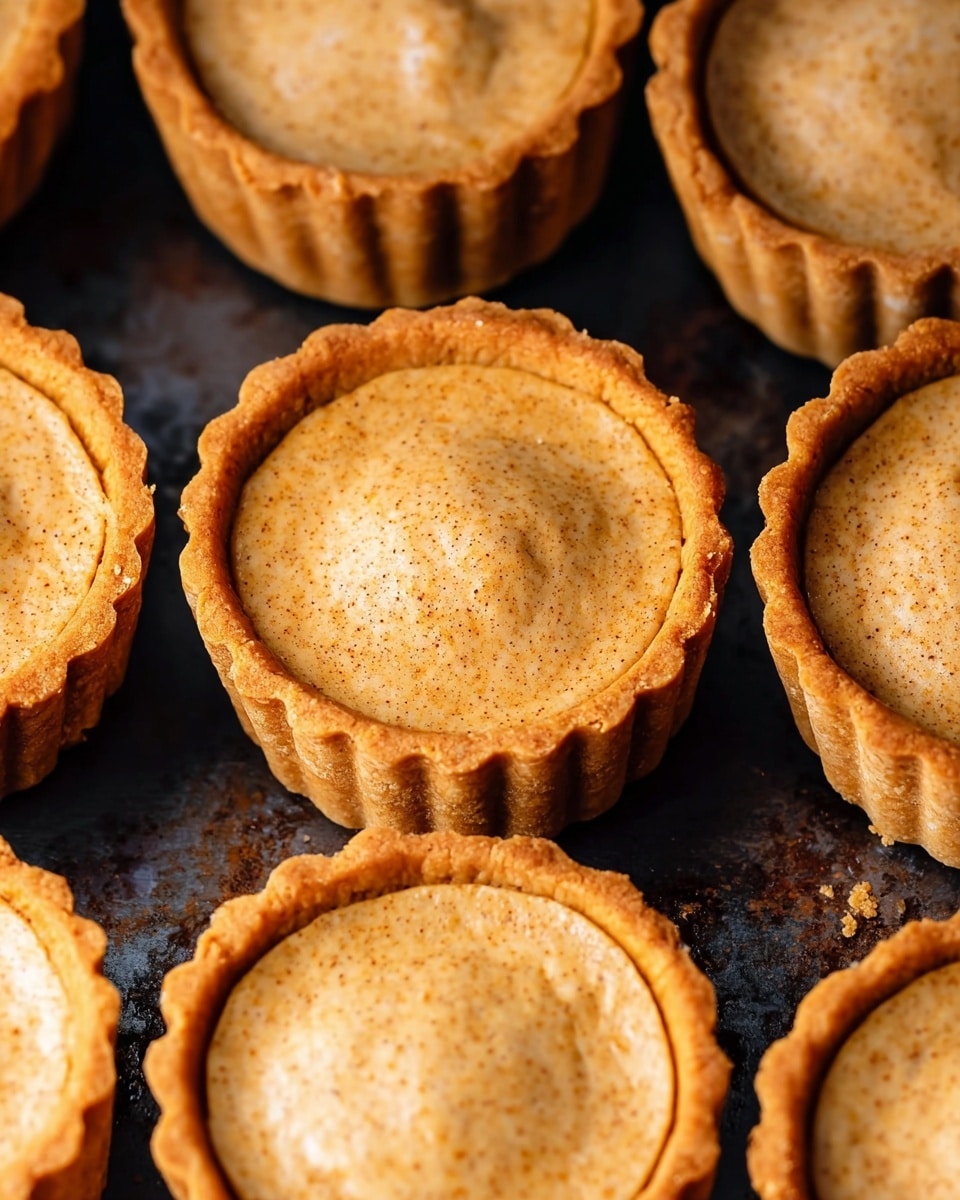 The image shows multiple small round pies with a golden brown crust that has a wavy edge. Each pie is filled with a smooth, creamy light orange filling that looks soft and slightly glossy. One pie near the bottom center is being filled with more of the orange filling from a metal tool. The pies sit on a dark surface with a rough texture between them. photo taken with an iphone --ar 4:5 --v 7