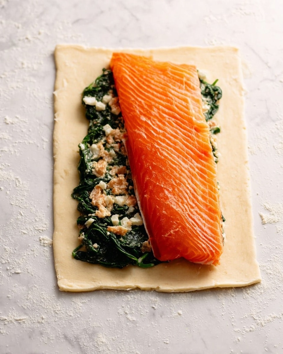 A rectangular piece of dough lies flat on a white marbled surface. In the center of the dough, there is a layer of cooked dark green spinach topped with small pieces of white cheese, both forming the bottom layer. On top of these, a thick, bright orange piece of raw salmon with smooth texture and fine lines runs diagonally across the spinach and cheese. The dough edges are plain and light beige, creating a clean frame around the layers. Photo taken with an iphone --ar 4:5 --v 7
