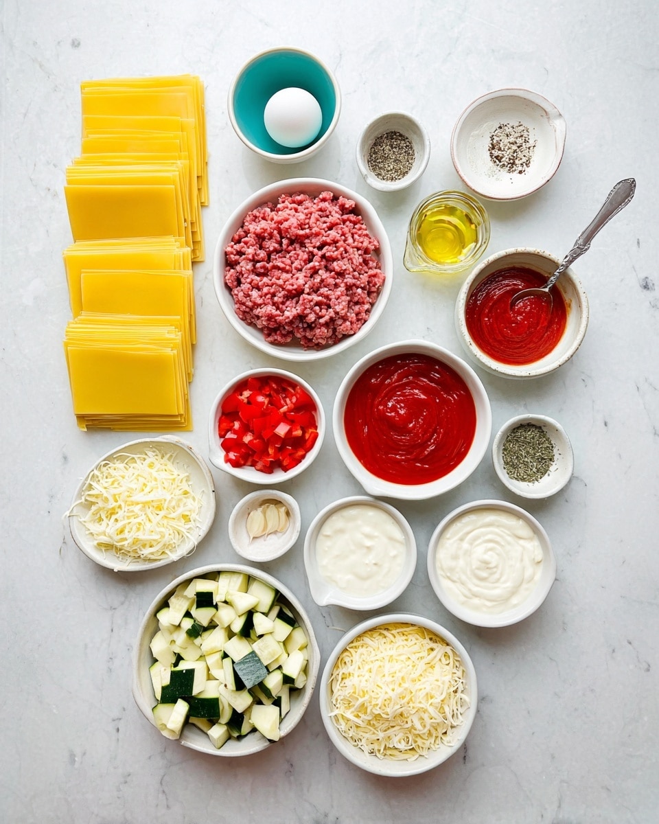 This image shows many ingredients for cooking, arranged neatly on a white marbled surface. There are 7 layers on the left side, each yellow pasta sheet stacked vertically in a white bowl. Next to that is an egg in a small turquoise bowl. Above and beside the pasta are small bowls filled with ground pepper, raw ground meat in a rectangular shape, and a small glass container of oil. Below the meat are four white bowls holding chopped zucchini, diced red bell pepper, chopped onions, and a red sauce sauce swirled inside. On the right side, three white bowls hold minced garlic, dried herbs, and salt. Near the bottom middle, there are shredded cheese in a white bowl and a smaller bowl with grated parmesan cheese. Two larger bowls have creamy white sauces, and small bowls contain dry seasoning and milk. All items are placed in clean white or turquoise bowls on a white marbled surface. Photo taken with an iphone --ar 4:5 --v 7