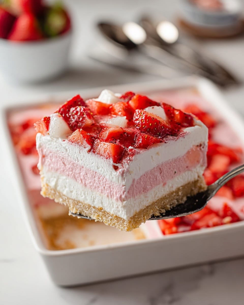 A square slice of layered dessert is shown close up being lifted from a white ceramic dish. The dessert has four layers: the bottom layer is a crumbly light tan crust, above it is a thick white creamy layer, then a smooth pink mousse-like layer, and the top is a fluffy white cream covered with fresh, chopped red strawberries with some white parts. The background is a white marbled texture with blurred bowls and spoons. Photo taken with an iphone --ar 4:5 --v 7