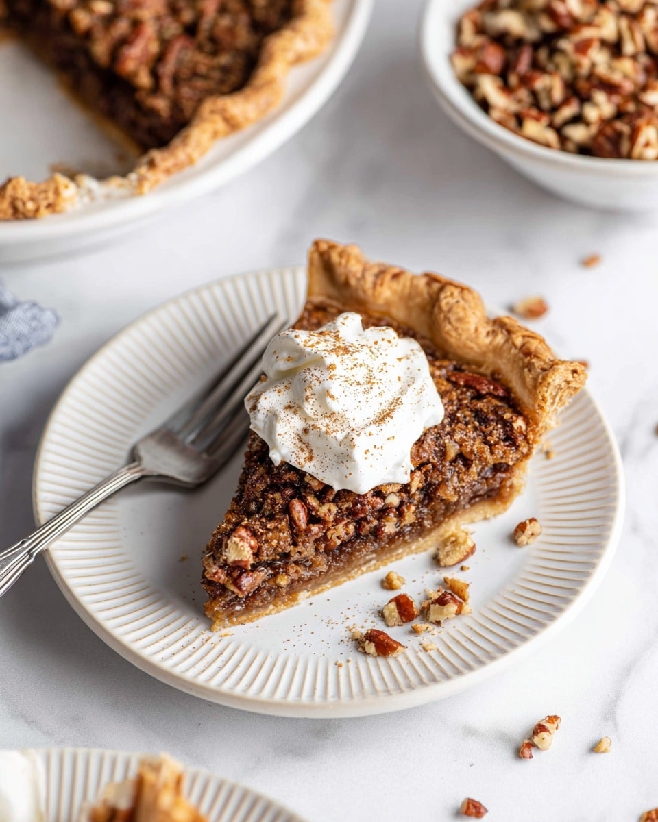 A single slice of pecan pie with a golden, flaky crust is placed in the center of a white round plate that has a subtle ridged texture along its edge. The pie filling is dark brown and dense, studded with chopped pecans that add a rough, chunky texture on top. A dollop of white whipped cream sits on the center of the pie slice, sprinkled lightly with a fine brown spice, possibly cinnamon or nutmeg. Small crumbs and bits of pecan are scattered around the slice on the plate. To the left of the slice, a simple silver fork rests on the plate. In the upper right corner of the image, part of the remaining pie is visible on another white round plate against a white marbled background, along with a bowl filled with more chopped pecans in the lower right corner. Photo taken with an iphone --ar 4:5 --v 7