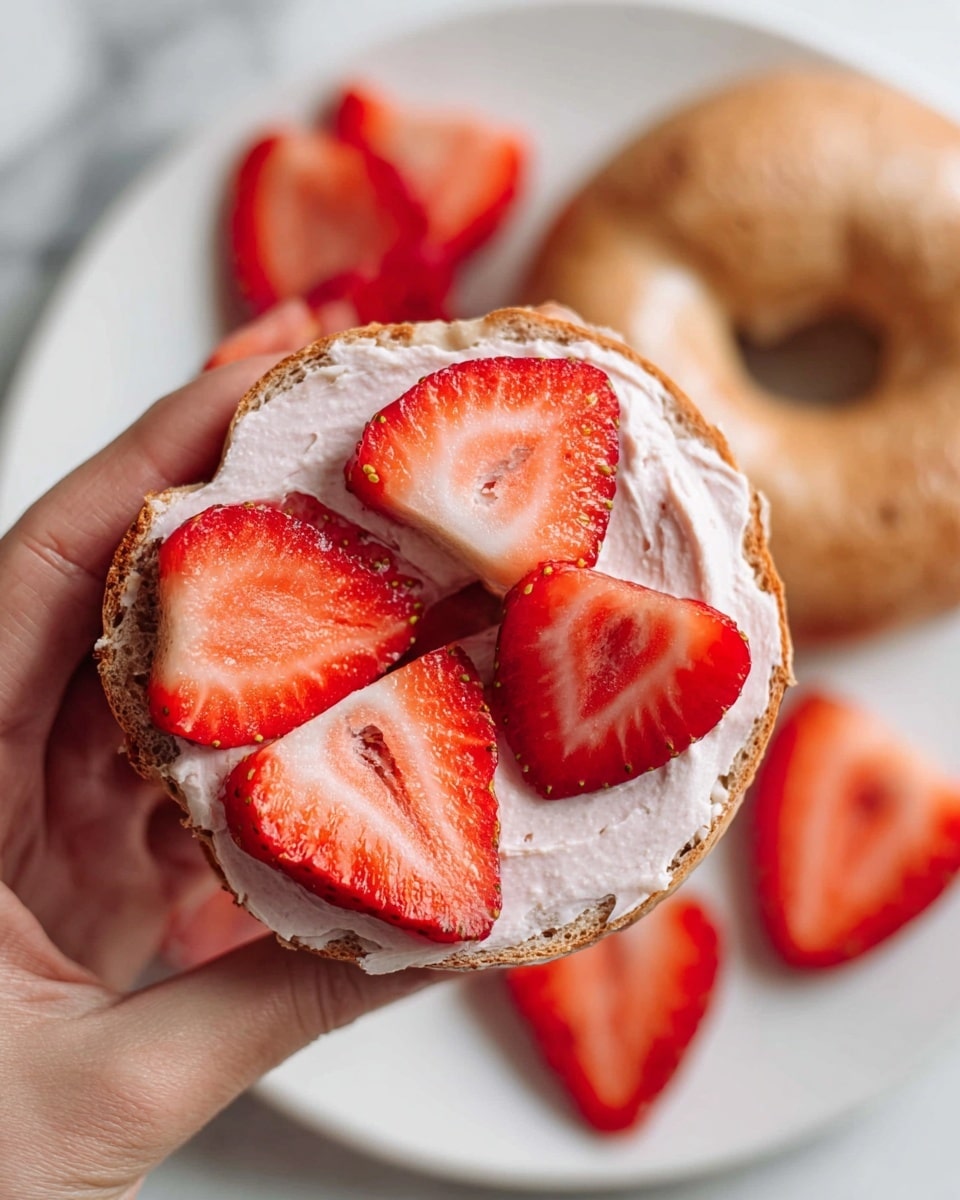 A close-up view of a sliced bagel held by a woman's hand, showing the cut half topped with a smooth layer of pale pink cream cheese and three fresh strawberry slices, each strawberry slice bright red with a slightly glossy texture. In the background, there is a whole plain bagel on a white plate, partially visible alongside more strawberry slices scattered on the plate, all set against a white marbled surface. photo taken with an iphone --ar 4:5 --v 7