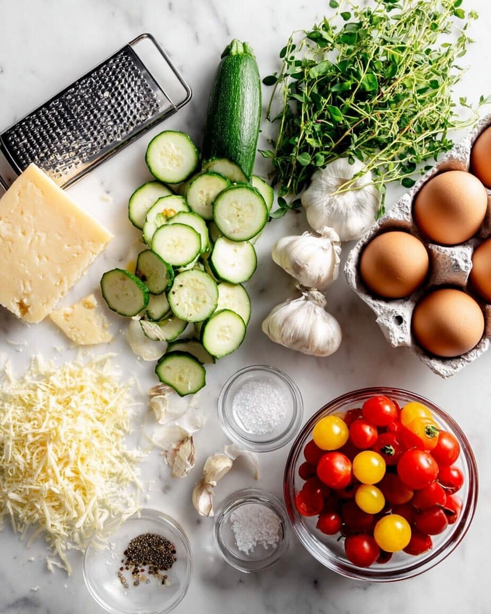 The image shows fresh cooking ingredients arranged neatly on a white marbled surface. On the left, there is a block of hard cheese with a metal grater and a pile of shredded cheese beside it. Above and beside the cheese, there is a bunch of fresh green herbs with small leaves. Moving to the center, slices of green zucchini are spread out in a loose pile. To the right, whole garlic bulbs and peeled cloves are nestled next to four brown eggs in a carton. On the bottom right, a clear glass bowl is filled with red and yellow cherry tomatoes. Small bowls of salt and black pepper are near the top center area. The arrangement looks clean and fresh, showing each ingredient clearly. photo taken with an iphone --ar 4:5 --v 7