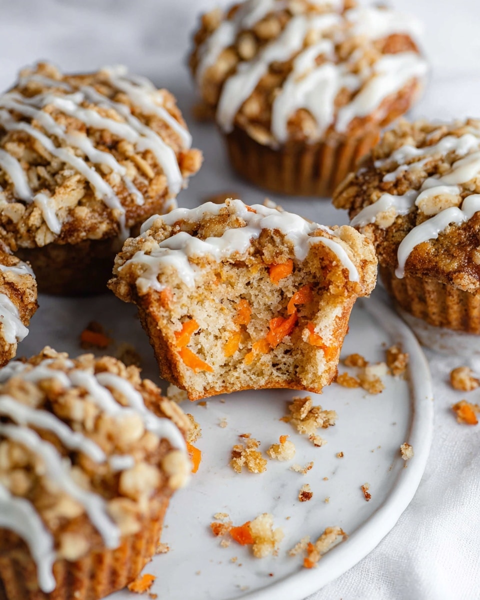 The image shows multiple muffins with two clear layers: a light brown cake base that has small bits of orange carrot inside, and on top, a crumbly darker brown topping with a rough texture. Over the crumb topping, there are thin white icing lines drizzled. The muffins are arranged on a white plate placed on a white marbled surface. One muffin is broken open in the front, revealing the soft, moist inside with visible shredded carrot bits. The background is softly blurred with more muffins visible. Photo taken with an iphone --ar 4:5 --v 7