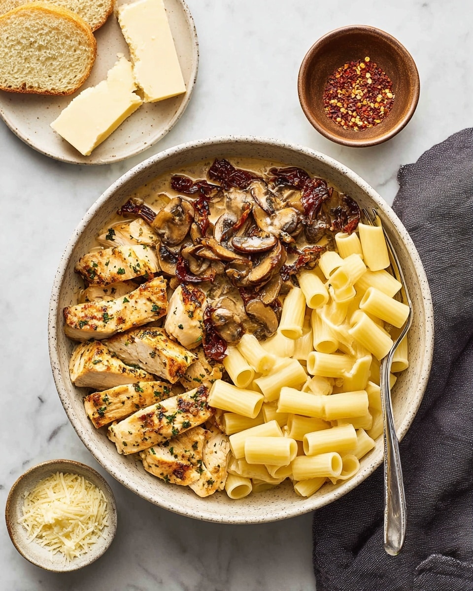 A white speckled bowl contains a meal divided into three sections: on the left, several pieces of golden-brown cooked chicken seasoned with herbs; in the middle, a creamy mushroom sauce with visible mushroom slices and small bits of sun-dried tomatoes creating a rich brown texture; on the right, a pile of smooth, pale yellow rigatoni pasta arranged neatly with a silver fork resting at the edge. The bowl sits on a white marbled surface, accompanied by a small white plate with two buttered bread slices in the top left corner, a small brown bowl filled with red pepper flakes above the plate, and a white bowl with grated cheese at the bottom. A dark gray cloth napkin is placed to the right side. Photo taken with an iphone --ar 4:5 --v 7