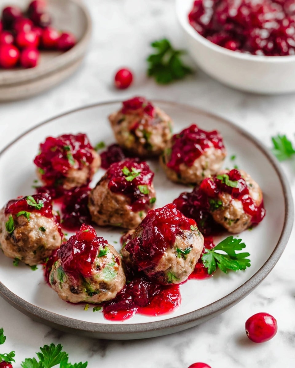 A white plate with a gray rim holds nine small, round meatballs mixed with green herbs and tiny white bits, each topped with a bright red cranberry sauce that looks chunky and glossy. Around the plate, there are scattered fresh whole cranberries and green parsley leaves on a white marbled surface. In the background, slightly out of focus, a white bowl filled with more red cranberry sauce sits on a white marbled surface. The colors are vibrant with the red sauce contrasting against the brown meatballs and fresh green parsley. photo taken with an iphone --ar 4:5 --v 7