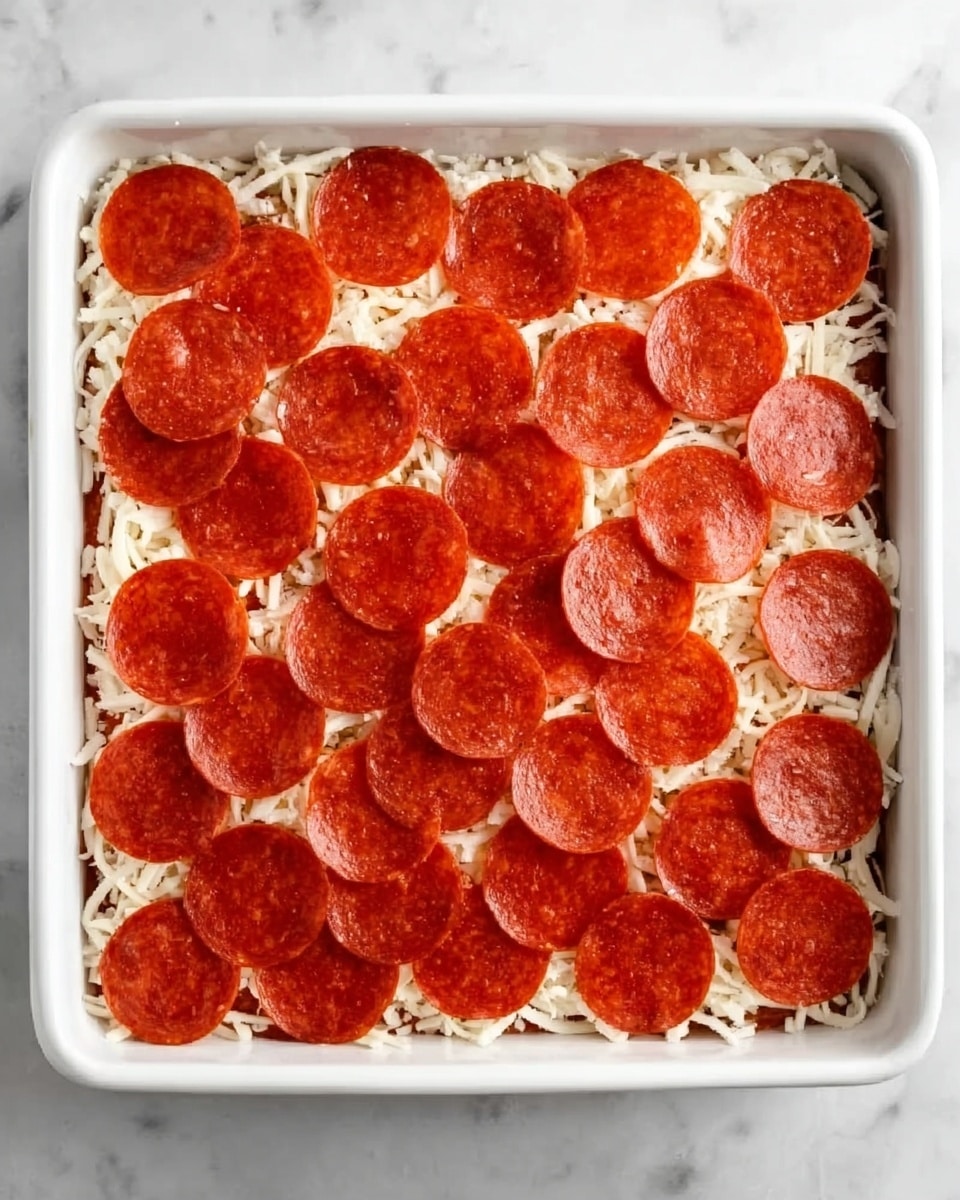 A square white baking dish sits on a white marbled surface. It is filled with a base layer of thin, shredded light yellow cheese. On top of the cheese, there is a single layer of round, reddish-brown pepperoni slices arranged neatly to cover the entire surface, with some pepperoni edges slightly overlapping. The pepperoni has a glossy, slightly oily texture with small visible specks of seasoning. Photo taken with an iphone --ar 4:5 --v 7
