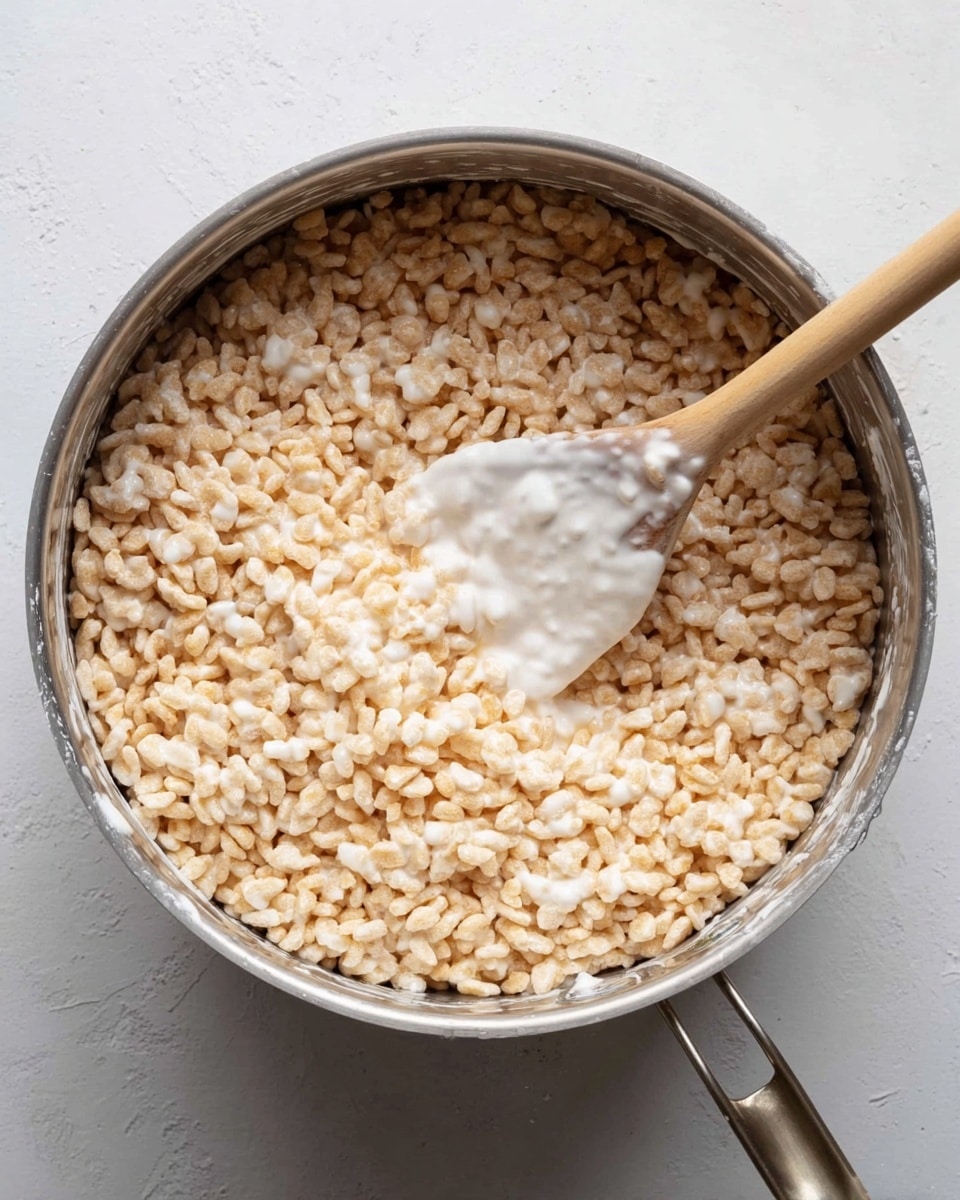 The image shows a metal pot filled with a mixture of light beige puffed rice cereal and melted white marshmallow. The mixture fills about three-quarters of the pot. A wooden spoon rests inside the pot, partially covered in the sticky marshmallow mixture, lying on top of the puffed rice. The pot is placed on a white marbled surface. Photo taken with an iphone --ar 4:5 --v 7