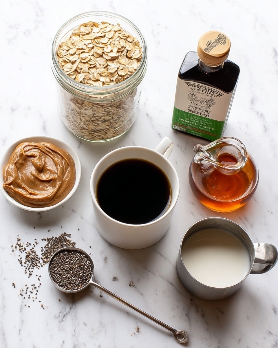 The image shows six items on a white marbled surface: a clear glass jar full of light brown rolled oats on the left, a small white bowl filled with smooth brown almond butter below it, a metal measuring spoon with black and white chia seeds scattered around, a white cup filled with dark black coffee in the center, a glass container with amber-colored maple syrup with a small spout in front, a metal cup filled with a white liquid on the right, and a brown bottle of vanilla extract with a green label and cap behind the cup of coffee. Photo taken with an iphone --ar 4:5 --v 7
