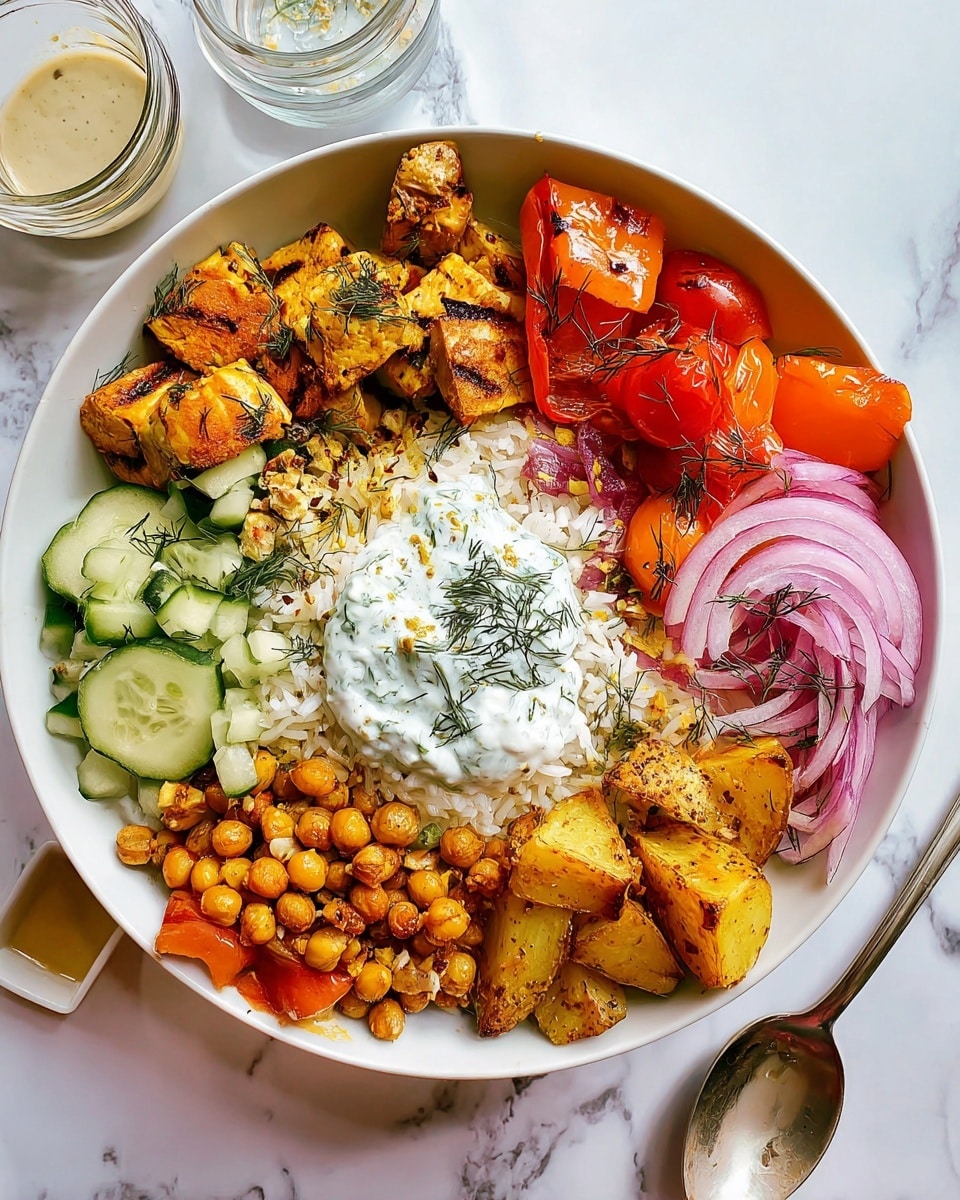 The image shows a large white rectangular tray filled with colorful food layers arranged neatly. On the left, there are golden grilled cheese chunks, bright red cherry tomatoes on the vine, and a pile of small green cucumber pieces next to a glass bowl of chunky light brown sauce with a woman’s hand holding a spoon inside. Below the glass bowl are crispy-looking roasted yellow and brown potato pieces forming a rough pile. On the top middle, there are round brown roasted chickpeas, and a white bowl in the center holds thinly sliced purple onions. To the right, bright yellow and red grilled bell pepper strips form a soft pile. Next to the tray on a wooden cutting board are a white bowl of creamy white sauce with green herbs and a smaller bowl filled with fresh green dill. At the bottom is a white bowl filled with plain white rice. The whole setting is on a white marbled surface. Photo taken with an iphone --ar 4:5 --v 7