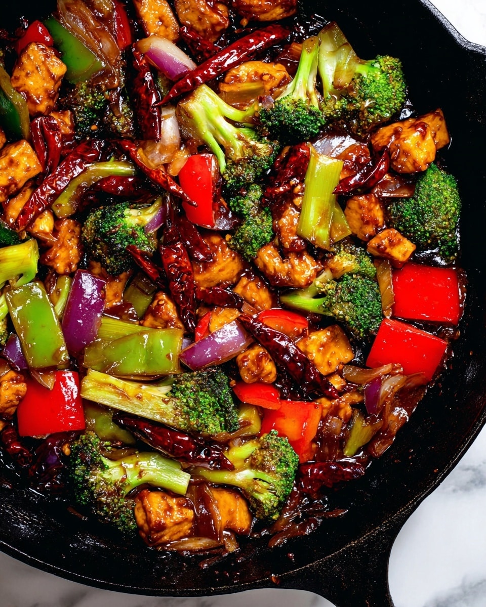A close-up view of a black cast iron skillet filled with a colorful stir-fry showing about five layers of ingredients mixed together. The base layer is a glossy dark sauce that coats all the ingredients. Scattered on top are bright green broccoli florets, jagged pieces of red bell pepper, and chunks of celery with a smooth pale green color. There are light brown, uneven pieces of cooked tofu spread throughout, along with deep red whole dried chili peppers. Purple-red pieces of onion with shiny surfaces are mixed in, adding a strong color contrast. The image background is a white marbled texture. photo taken with an iphone --ar 4:5 --v 7