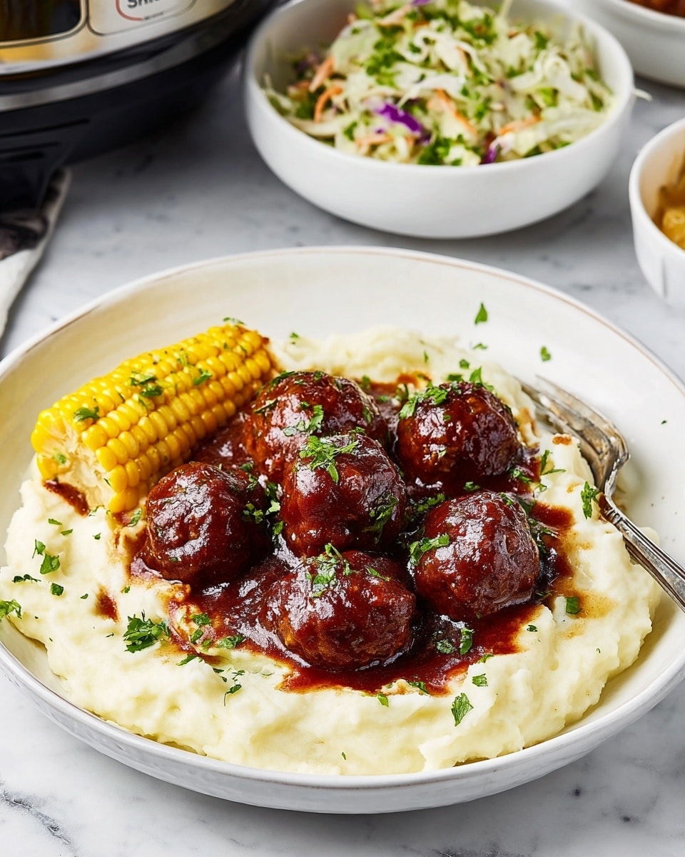 The image shows a close-up of multiple small, shiny meatballs covered in dark red sauce with small bits of green herbs sprinkled on top. The meatballs are inside a black crockpot filled with the same sauce, and a wooden spoon is holding a scoop of meatballs above the crockpot. In the background, there is a blurry view of some green herbs on a white marbled surface. The photo taken with an iphone --ar 4:5 --v 7