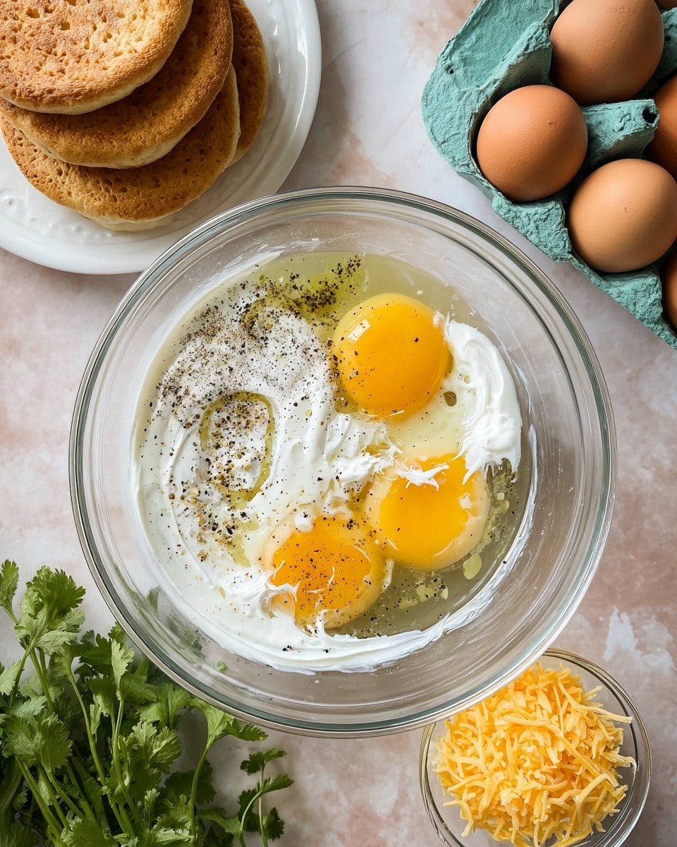 A clear glass mixing bowl with three raw egg yolks and whites in it, along with a swirl of white cream and a sprinkling of black pepper on the left side of the eggs. Around the bowl on a white marbled surface are three brown eggs in a green carton to the upper right, three crumpet-like round breads stacked on a white plate at the upper left, a small clear bowl with shredded yellow cheese at the lower left, and a bunch of green cilantro leaves at the lower right. Photo taken with an iphone --ar 4:5 --v 7