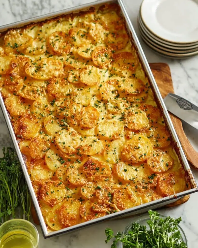 Sheet Pan Scalloped Potatoes with Gruyere, Cheddar, and Pecorino Recipe