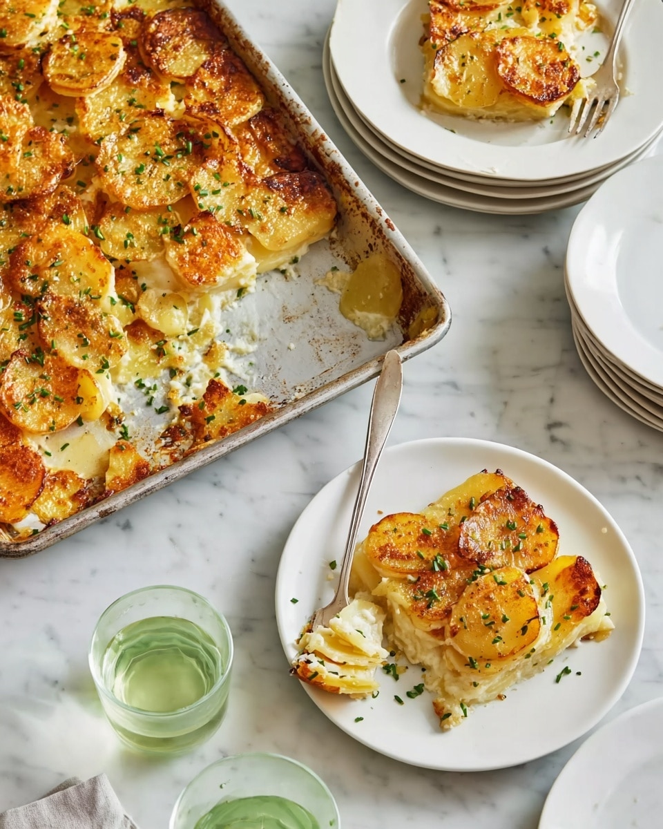 The image shows a white plate with a layered potato dish, featuring thin round slices of golden-brown potatoes on top, baked with a crispy texture and sprinkled with green chopped herbs. The dish is creamy with visible layers of sliced potatoes beneath the crispy top, and part of it is being lifted with a fork. Nearby, a white baking tray holds the rest of the potato dish, showing browned, crispy edges and a creamy inside. Two more white plates are on a white marbled surface, one with a portion of the dish, and the other empty stacked with two more plates. There are also two small glasses with a light green drink on the table. photo taken with an iphone --ar 4:5 --v 7