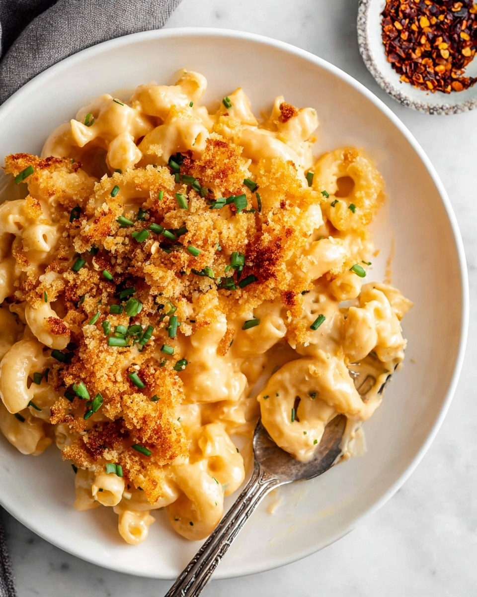 The dish shows a white plate filled with creamy macaroni covered in a smooth, rich light orange cheese sauce. On top, there are crispy golden brown breadcrumb bits scattered unevenly, adding texture. Green chopped chives are sprinkled across the macaroni and breadcrumbs, giving small bursts of color. A silver fork rests on the plate, partially dipped into the macaroni near the bottom right. The plate is placed on a white marbled surface with a small bowl of red chili flakes seen faintly in the upper right corner. photo taken with an iphone --ar 4:5 --v 7