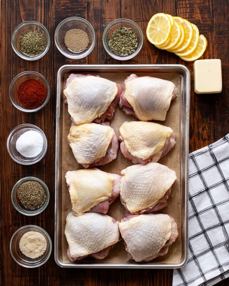 The image shows a silver baking tray filled with eight raw chicken thighs arranged in two rows of four, each piece with pale skin and a slight pink hue. Above the tray, there are six small glass bowls lined up horizontally, each filled with different dried herbs and spices in green, light brown, and dark brown colors. To the right side of the tray, there is a small block of butter and five lemon slices stacked neatly in a slight curve. On the left side of the tray, there are four more small glass bowls, each containing various seasonings in white, light beige, and red colors. The setup rests on a dark wooden tabletop, and a white cloth with a black grid pattern lies partially visible at the bottom right corner. photo taken with an iphone --ar 4:5 --v 7