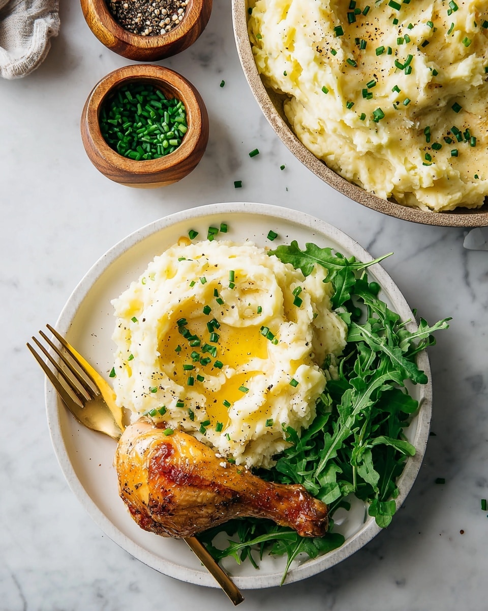 A large dark gray cast iron pot filled with creamy white mashed potatoes that have smooth, swirled texture. On top, there are several small yellow butter pieces melting into the mashed potatoes, creating shiny golden pools. Black pepper is sprinkled over the top, adding small dark specks. Around the pot, a wooden board with long green chives and some chopped chives is placed on a white marbled surface. Near the pot, there are two small white bowls, one filled with coarse black pepper and the other with coarse salt. A knife with a wooden handle rests on the wooden board. Photo taken with an iphone --ar 4:5 --v 7