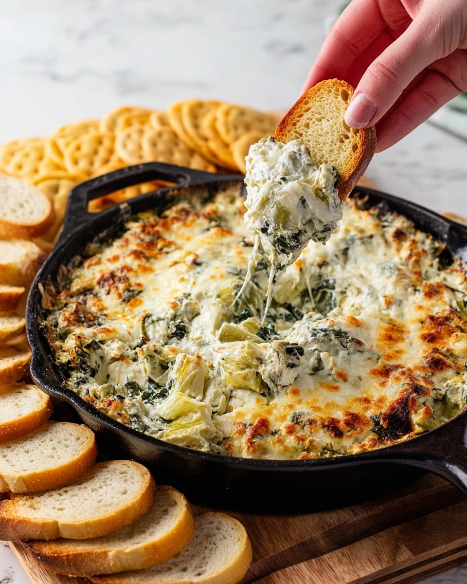 A black skillet filled with three layers of creamy spinach and artichoke dip topped with a bubbly, golden-brown melted cheese crust. The dip beneath shows a mix of green spinach pieces and pale artichoke chunks in a white creamy sauce. A woman's hand is holding a toasted baguette slice dipped into the cheesy mixture, lifting a scoop. Surrounding the skillet, on a wooden board, there are several slices of toasted baguette and round, pale golden crackers. The whole scene is set on a white marbled surface. Photo taken with an iphone --ar 4:5 --v 7