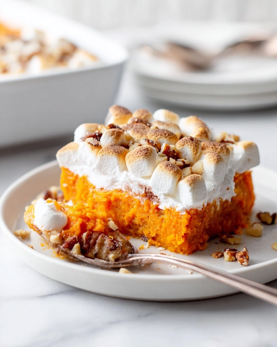 A slice of orange sweet potato casserole sits on a white round plate on a white marbled surface. The dish has about three layers: a bottom soft crust layer, a thick and smooth bright orange mashed sweet potato layer in the middle, and a top layer covered with lightly browned, soft toasted marshmallows and small pieces of chopped nuts scattered around. A silver spoon rests on the plate with a scoop of the orange filling partly taken out, showing the light fluffiness inside. The background is softly blurred with white bowls and spoons visible. Photo taken with an iphone --ar 4:5 --v 7
