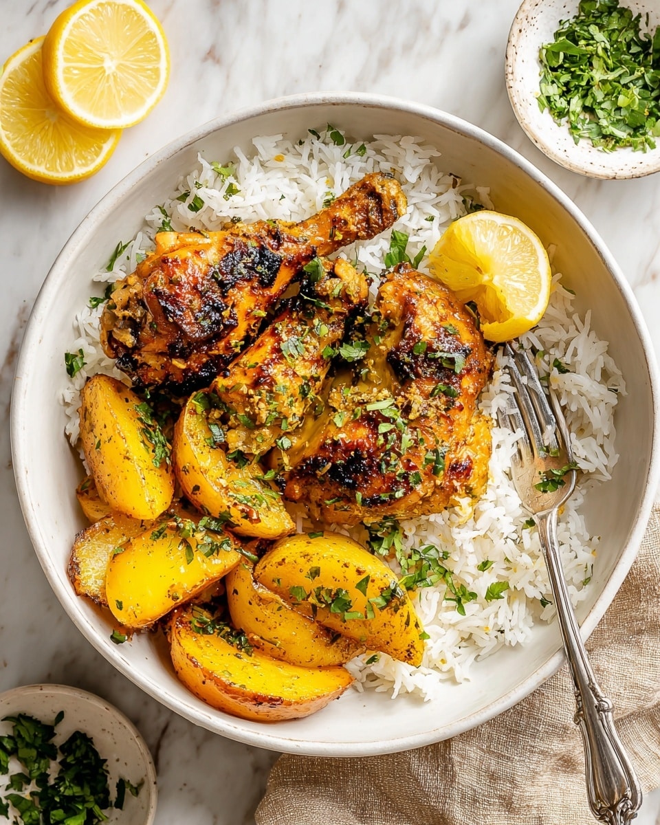 A white bowl is filled with a base layer of fluffy white rice, topped with two grilled pieces of golden-brown chicken that have a slightly charred texture and are sprinkled with fresh green herbs. Next to the chicken, there are several thick wedges of bright yellow roasted potatoes with a crispy, browned surface, also garnished with green herbs. A bright yellow lemon wedge rests on top of the rice near the chicken. A silver fork is placed inside the bowl, partially on the rice. The bowl sits on a white marbled surface, with a small white dish of chopped green herbs and a beige cloth napkin nearby. Photo taken with an iphone --ar 4:5 --v 7