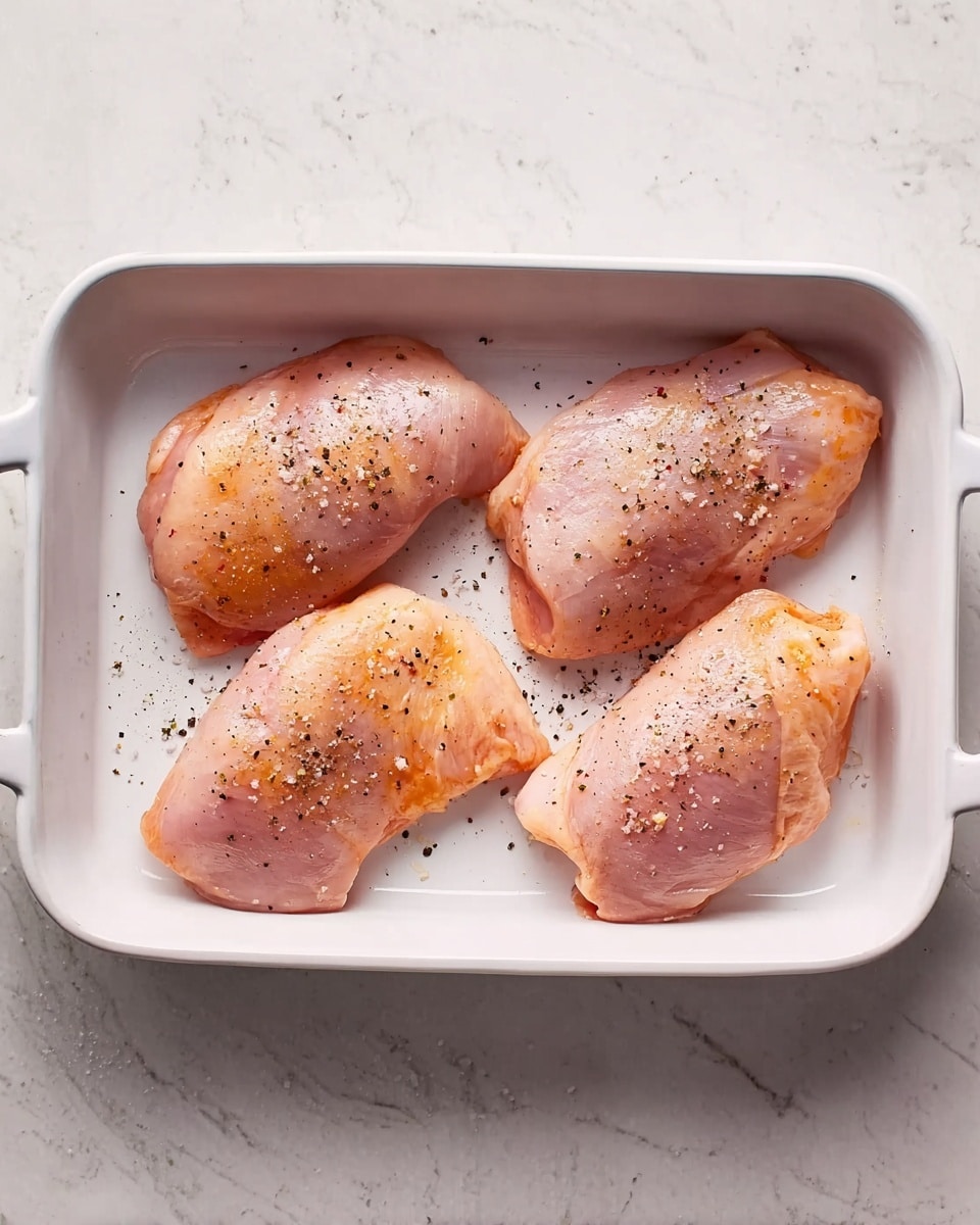 Four raw chicken thighs are placed side by side in a white rectangular baking dish with handles on both sides. The chicken thighs are a light pinkish color with some hints of orange from seasoning. They are sprinkled with black pepper and small salt flakes. The dish sits on a white marbled surface, creating a clean and simple background. photo taken with an iphone --ar 4:5 --v 7