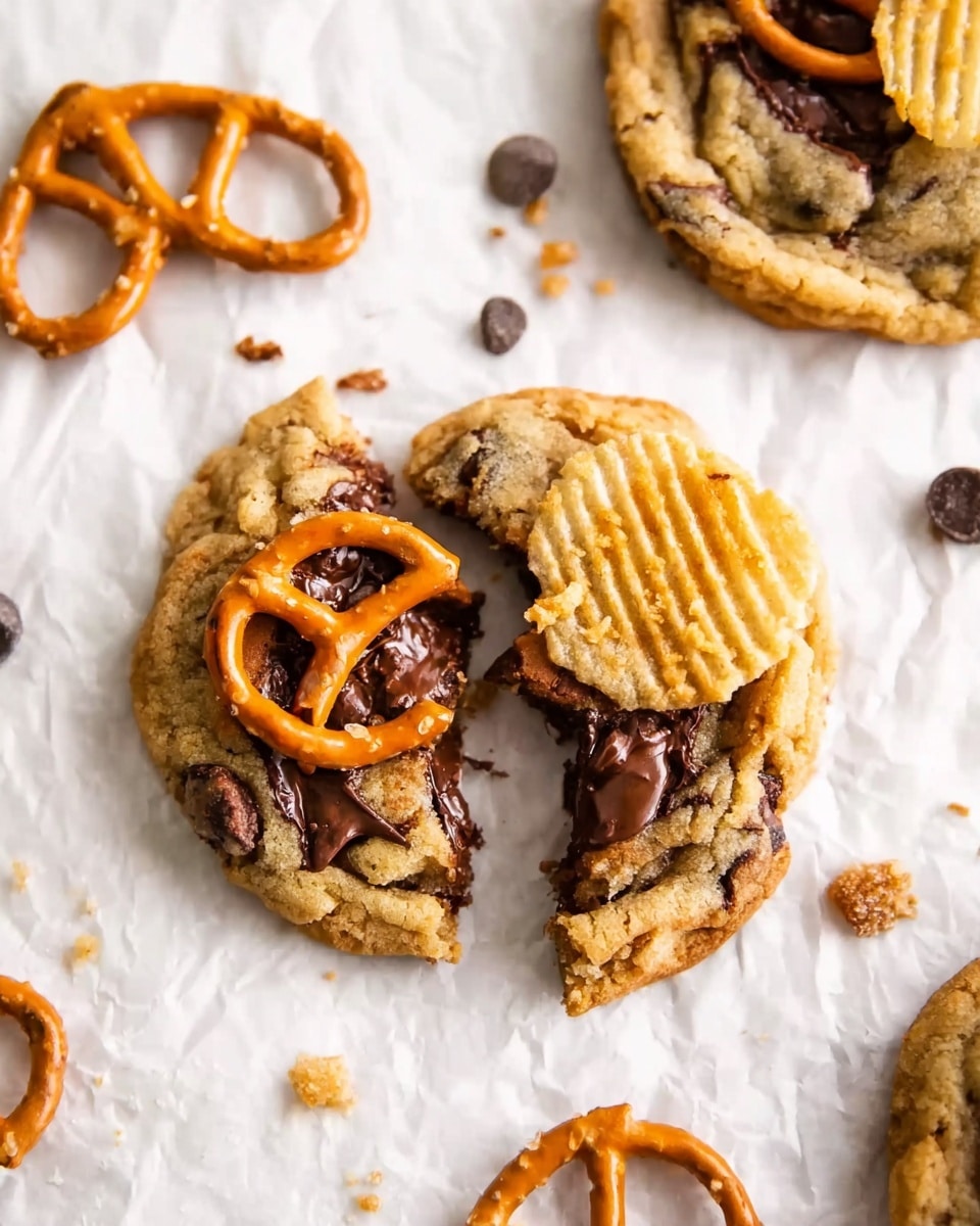 A close-up of a cookie broken in half placed on white parchment paper over a white marbled surface, the cookie has a golden brown, chewy texture with melted dark chocolate chips inside and on top. One half of the cookie is topped with a crunchy, orange-brown pretzel and a ridged light tan potato chip, both lightly embedded in the warm chocolate. Another whole cookie with similar toppings is partially visible at the top left, with scattered chocolate chips and a small pretzel piece nearby. Photo taken with an iphone --ar 4:5 --v 7