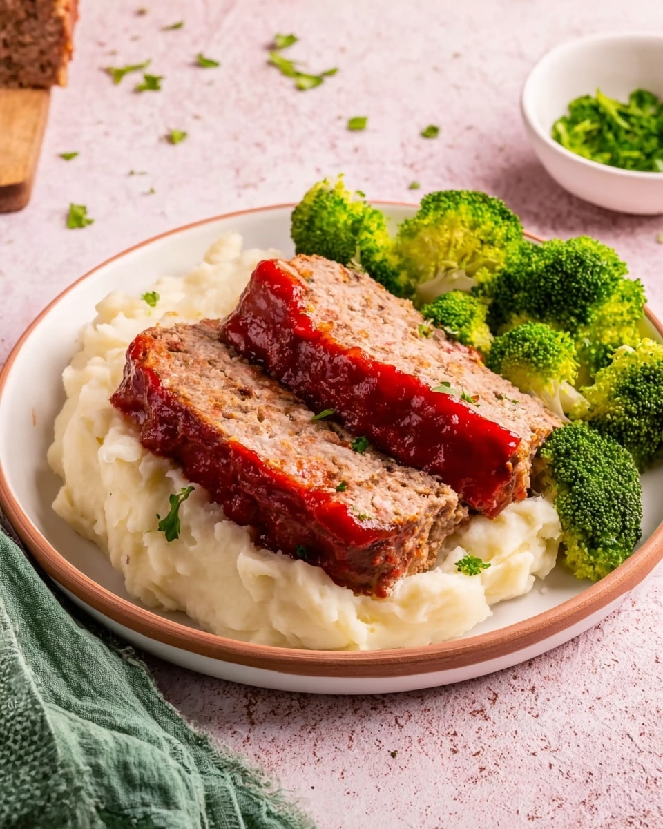 The dish shows two thick slices of meatloaf with a shiny red sauce on top, stacked on the right side of a white plate with light brown rim. Underneath the meatloaf is a large layer of creamy mashed potatoes that look smooth and soft, covering the middle of the plate. On the left side of the plate, there are several bright green broccoli florets arranged closely together. The plate sits on a light pink textured surface, with a small white bowl with chopped green herbs in the top right corner and a green cloth partially visible at the bottom left. photo taken with an iphone --ar 4:5 --v 7